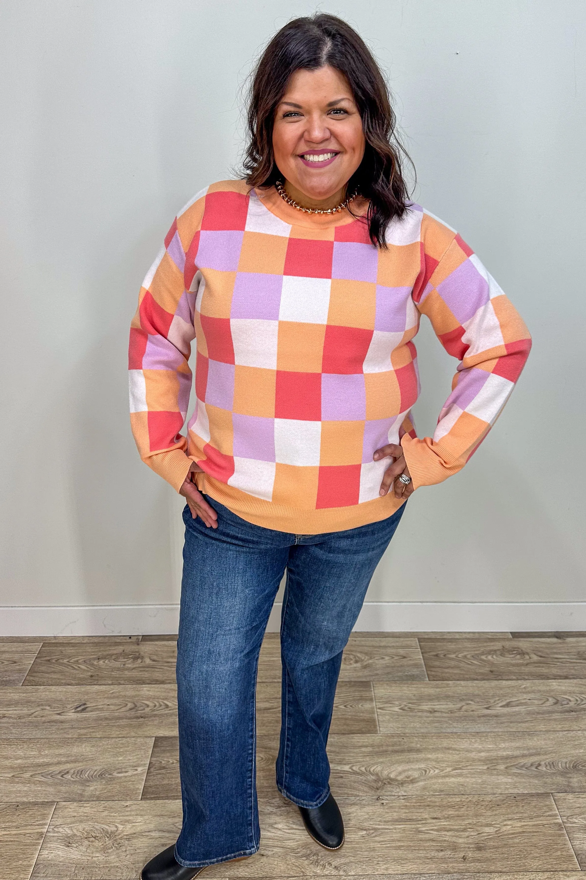 Coral Checkerboard Sweater