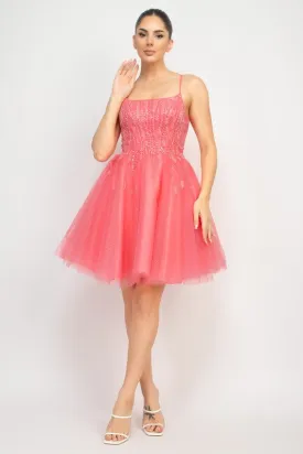 Coral Sequin Beads Tulle Mini Glittery Dress