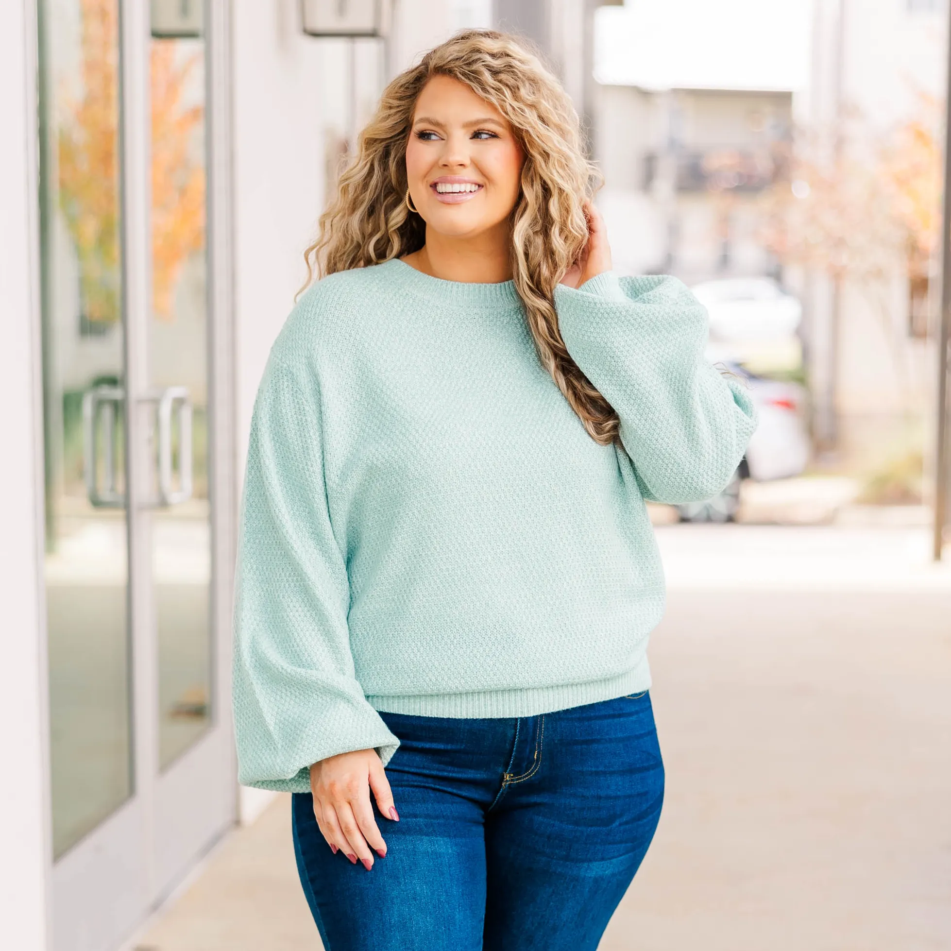 Cozy Bubble Sleeve Sweater, Mint