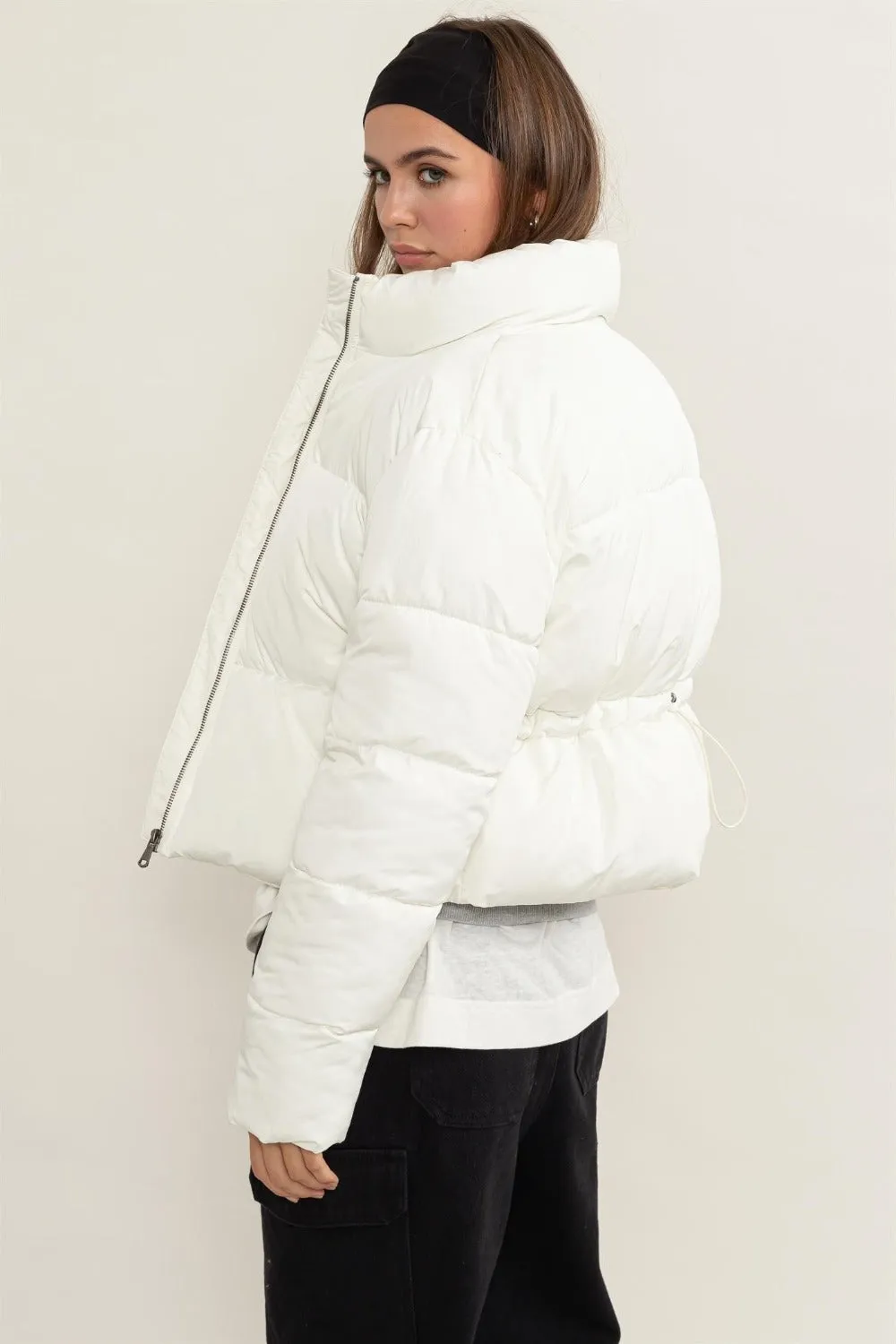 Cream Quilted Back Drawstring Puffer Jacket