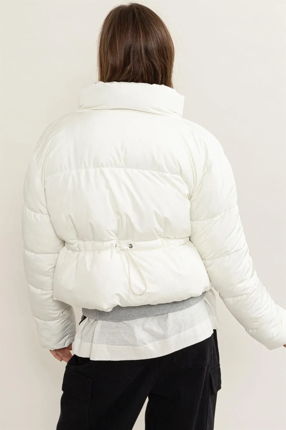 Cream Quilted Back Drawstring Puffer Jacket