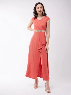 Crease Ease Women's Coral V-Neck Raglan Sleeve Solid Embellished Maxi Dress