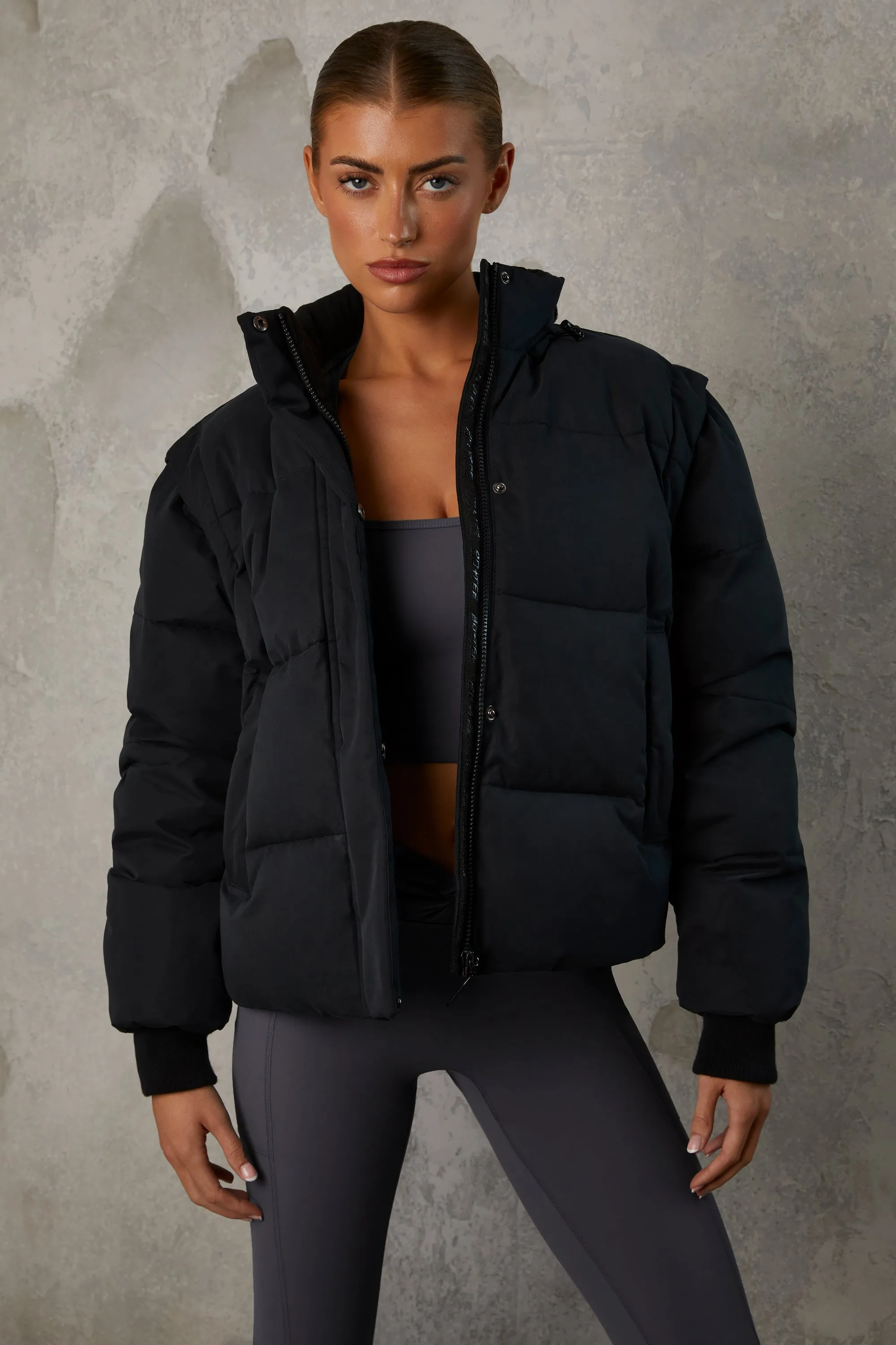 Cropped Puffer Jacket with Detachable Sleeves in Black