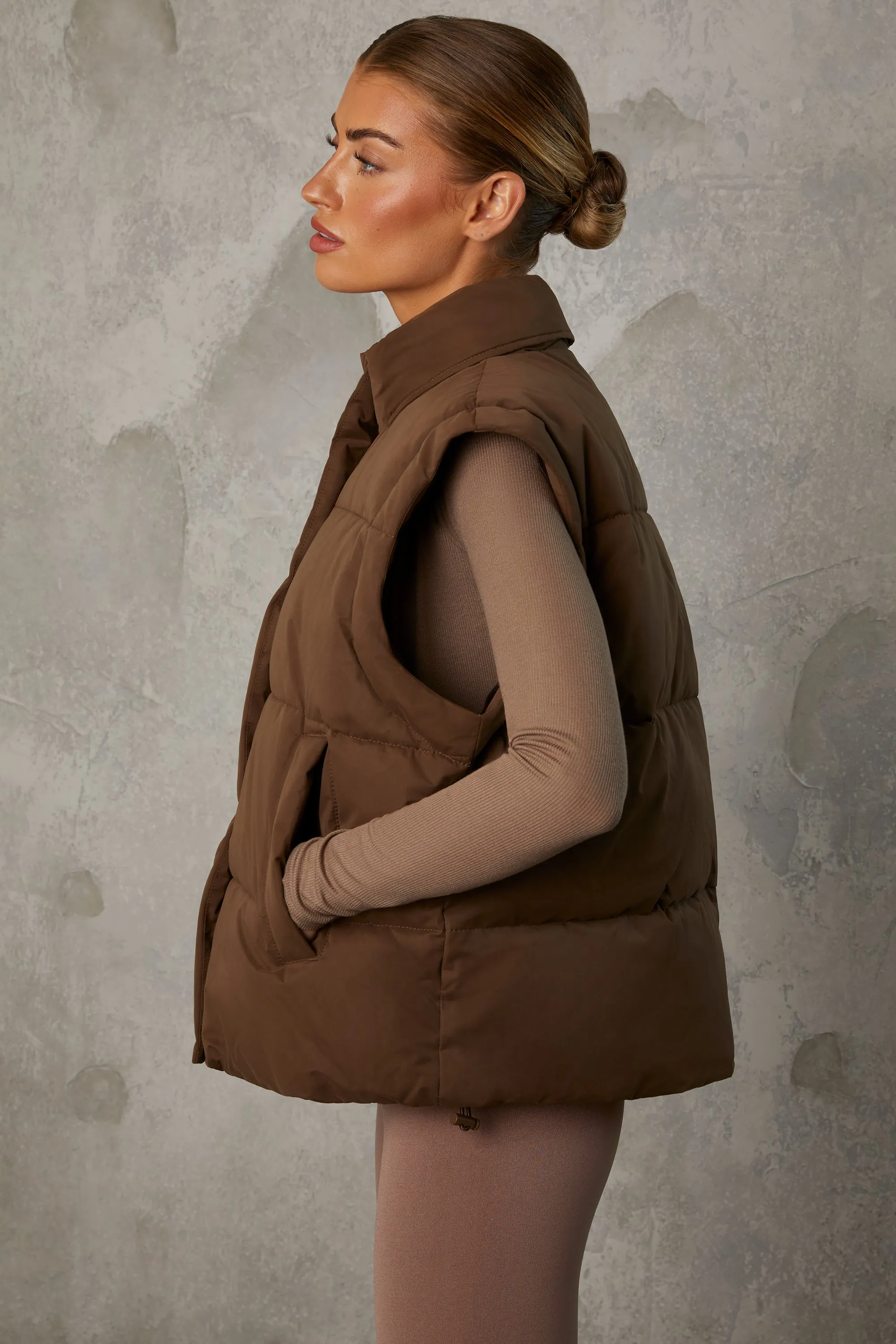 Cropped Puffer Jacket with Detachable Sleeves in Cocoa Brown