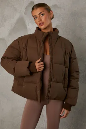 Cropped Puffer Jacket with Detachable Sleeves in Cocoa Brown