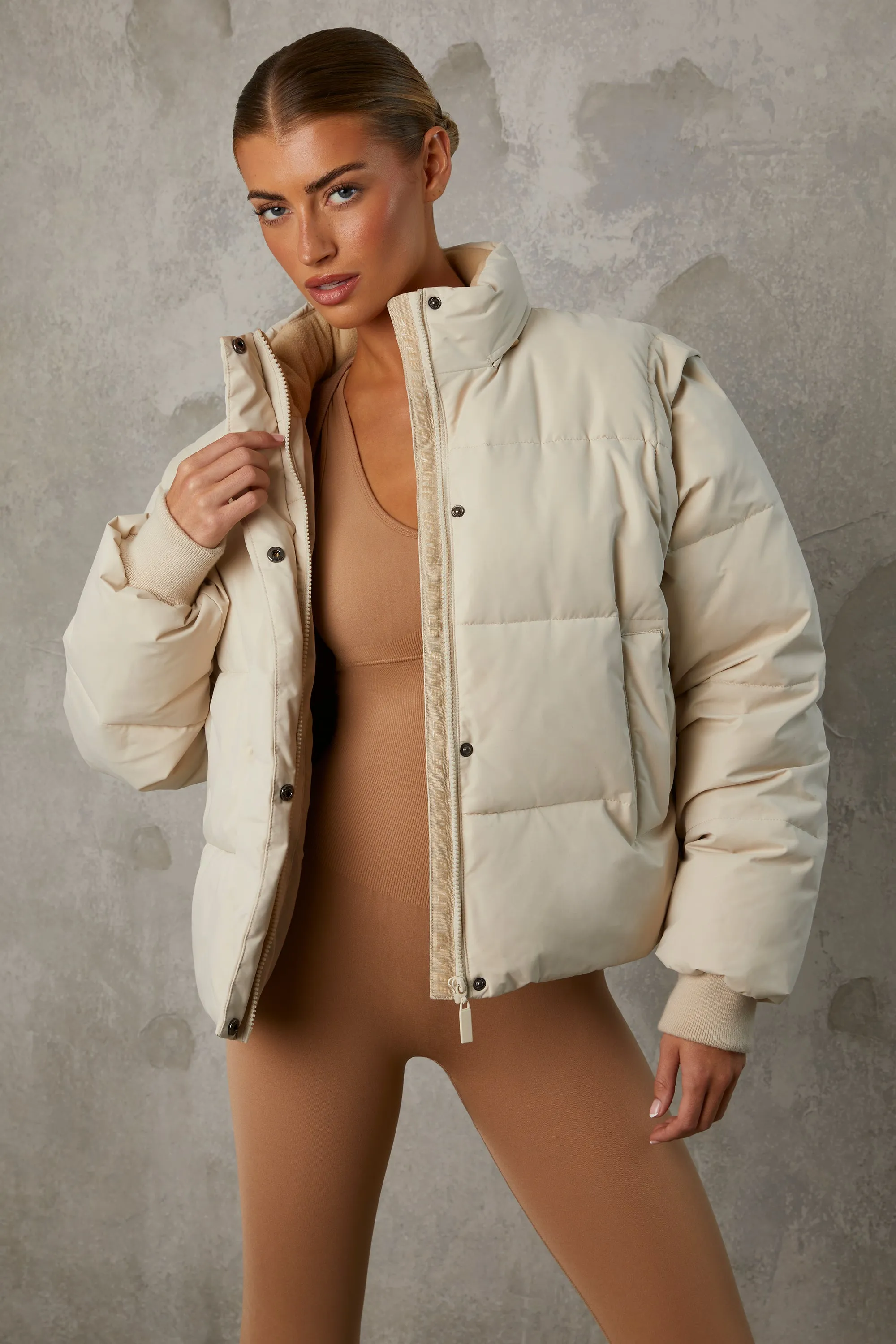 Cropped Puffer Jacket with Detachable Sleeves in Sand