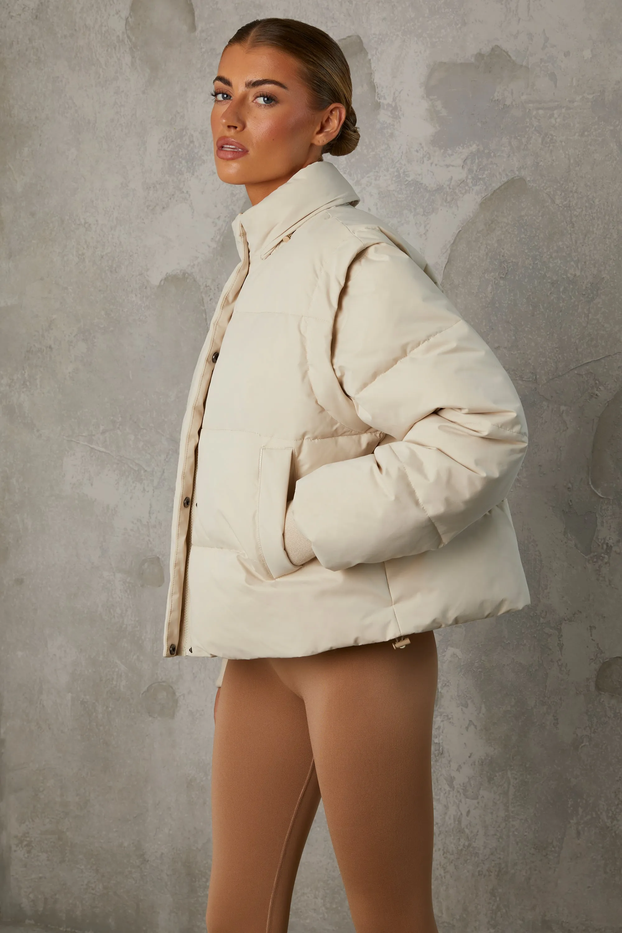 Cropped Puffer Jacket with Detachable Sleeves in Sand