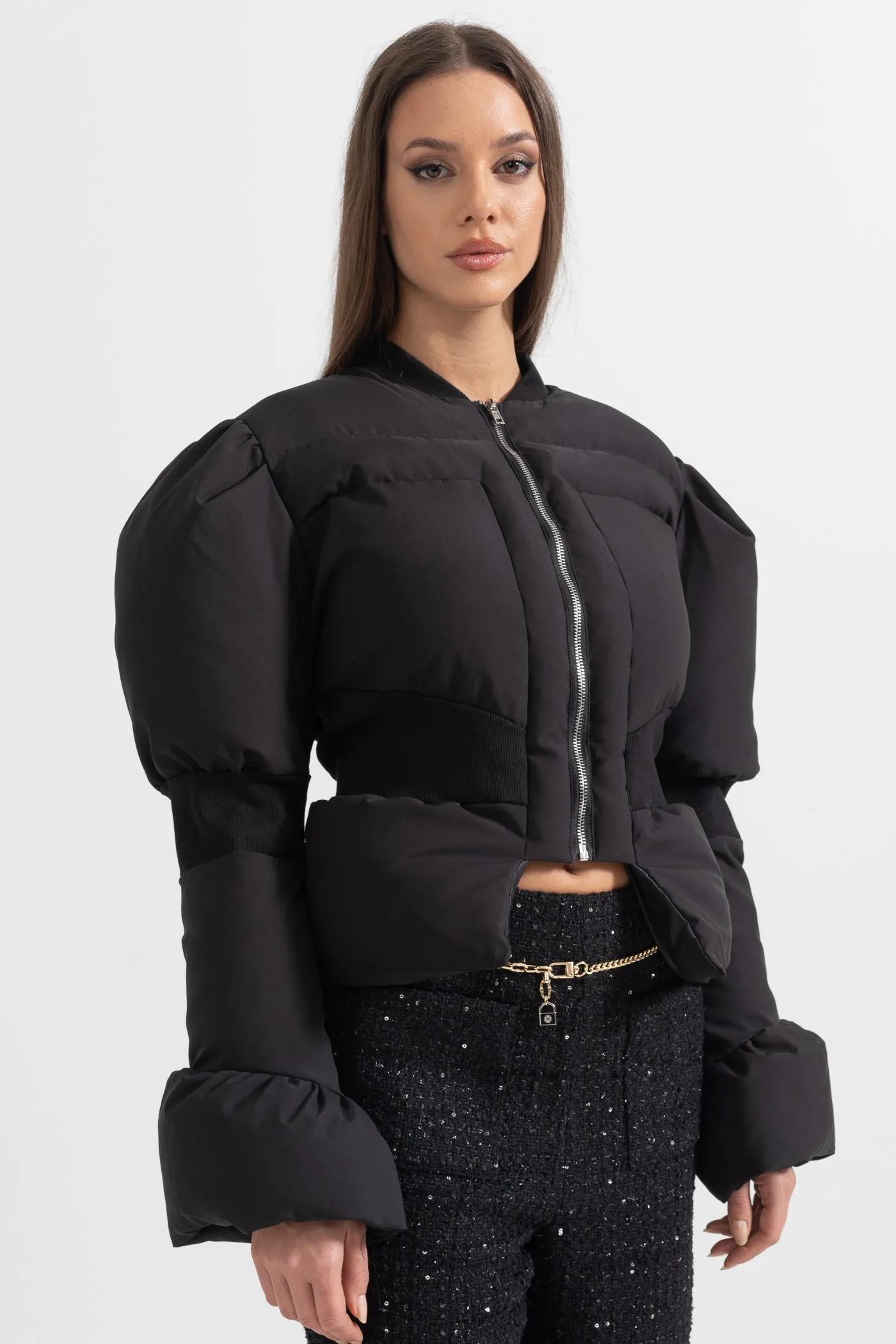 Cropped Puffer Jacket With Fitted Waistline - Black