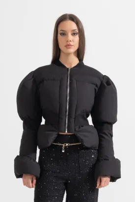 Cropped Puffer Jacket With Fitted Waistline - Black