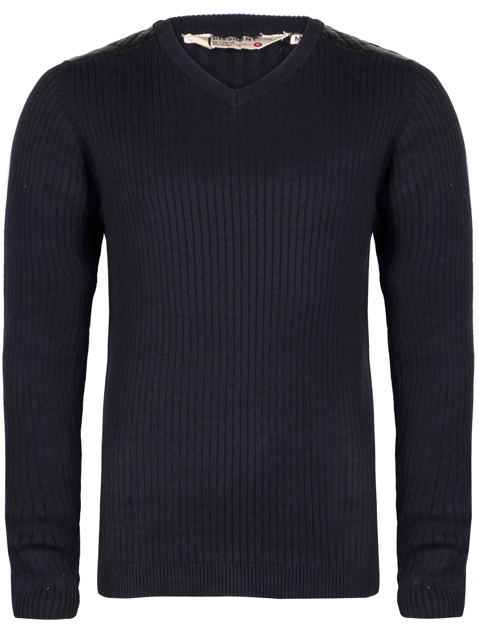 Dissident Julian navy leather shoulder v neck jumper