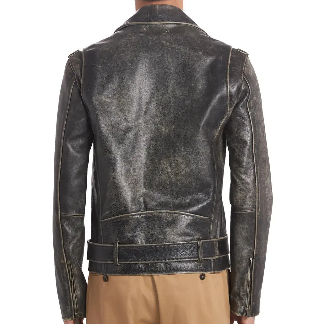 Distressed Leather Moto Jacket For Men