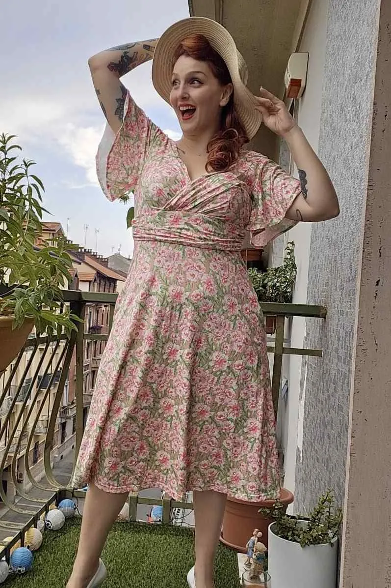 Donna Pink Floral Crossover Bust Dress