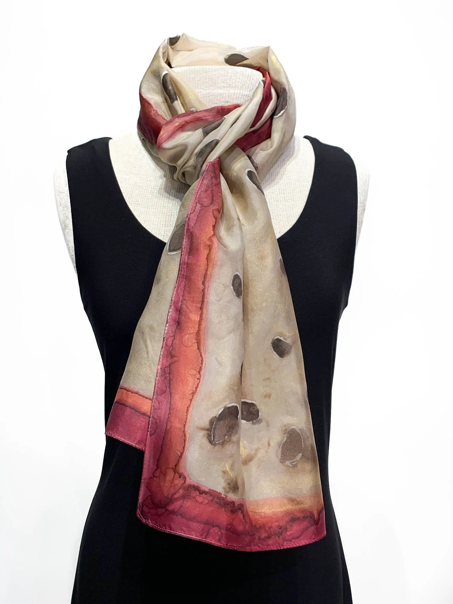 Dot Water Color in Grey Brown Camel Rich Burgundy and Cream Hand Painted 100% Silk Scarf