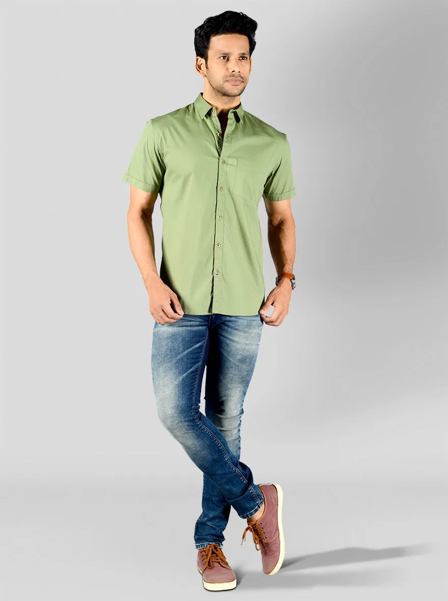 Dull Pistachio Green Solid Slim Fit Casual Shirt | Greenfibre