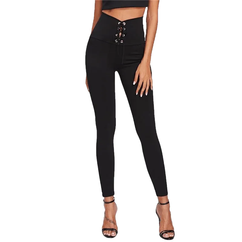 Elegant High Waist Skinny Leggings Black Empire Eyelet