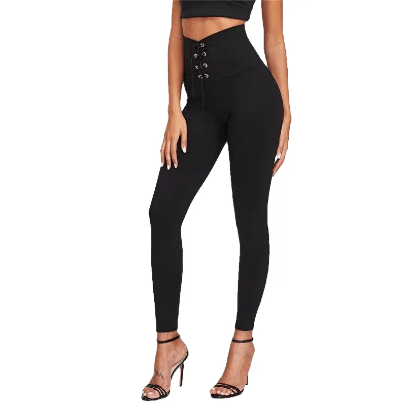 Elegant High Waist Skinny Leggings Black Empire Eyelet