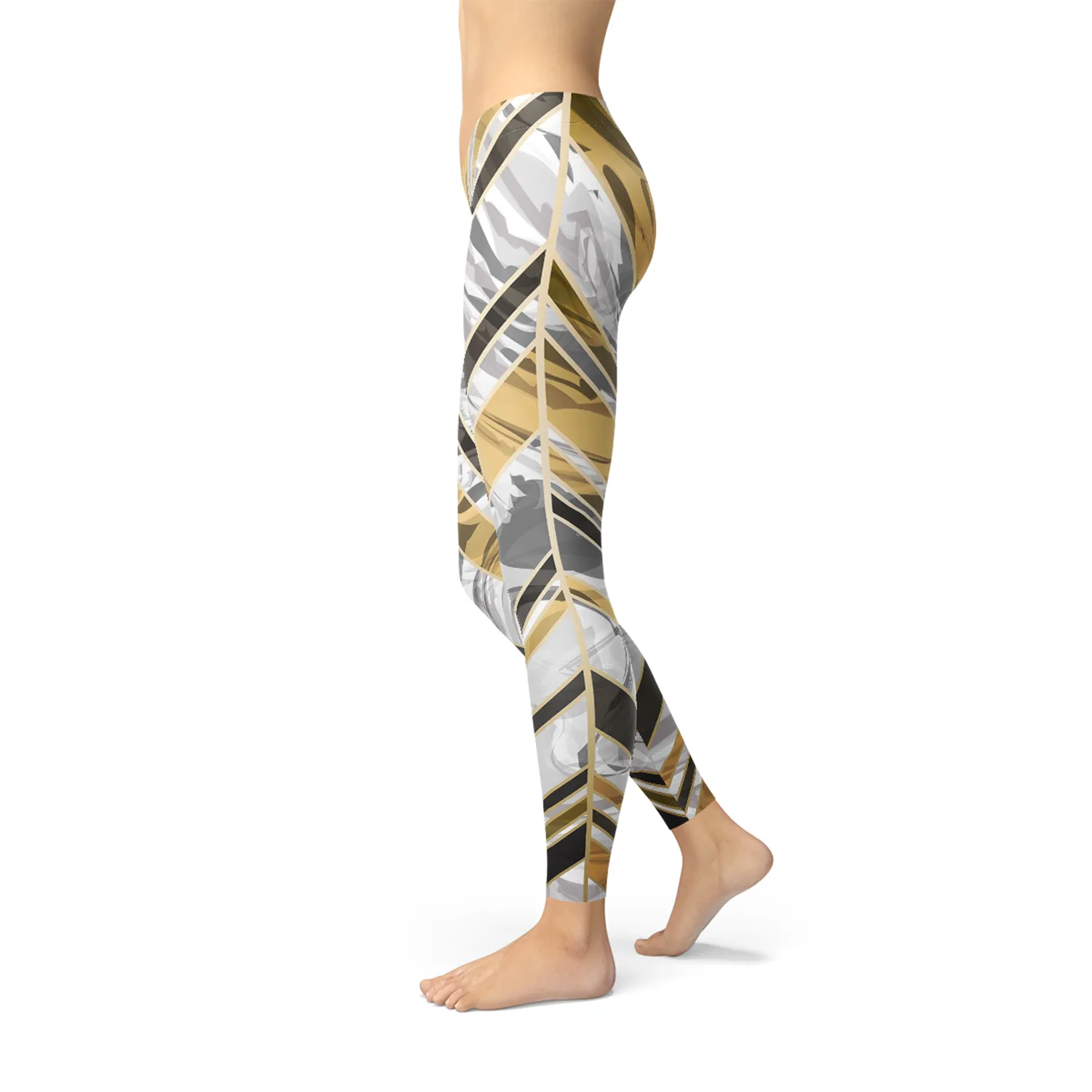 Elegant Women's Marble Print Leggings with Black and Gold Accents