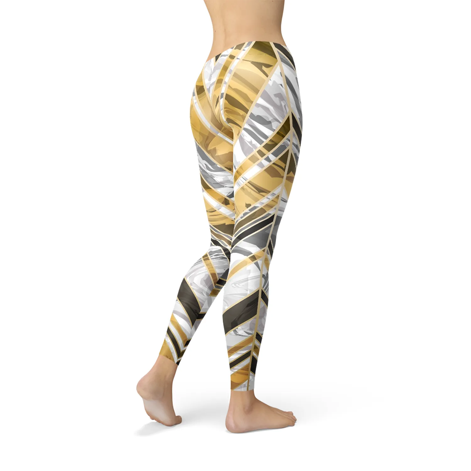 Elegant Women's Marble Print Leggings with Black and Gold Accents