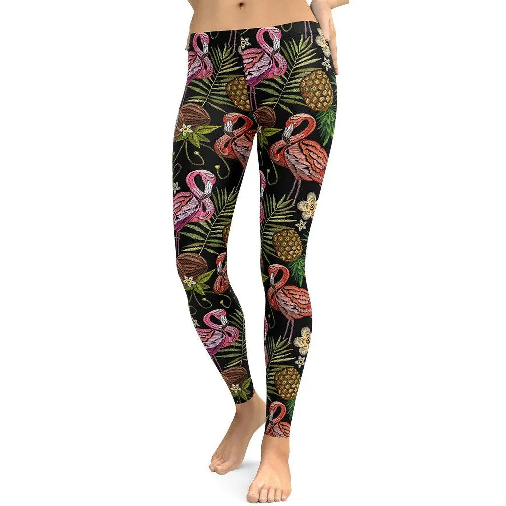 Embroidery Flamingo Leggings