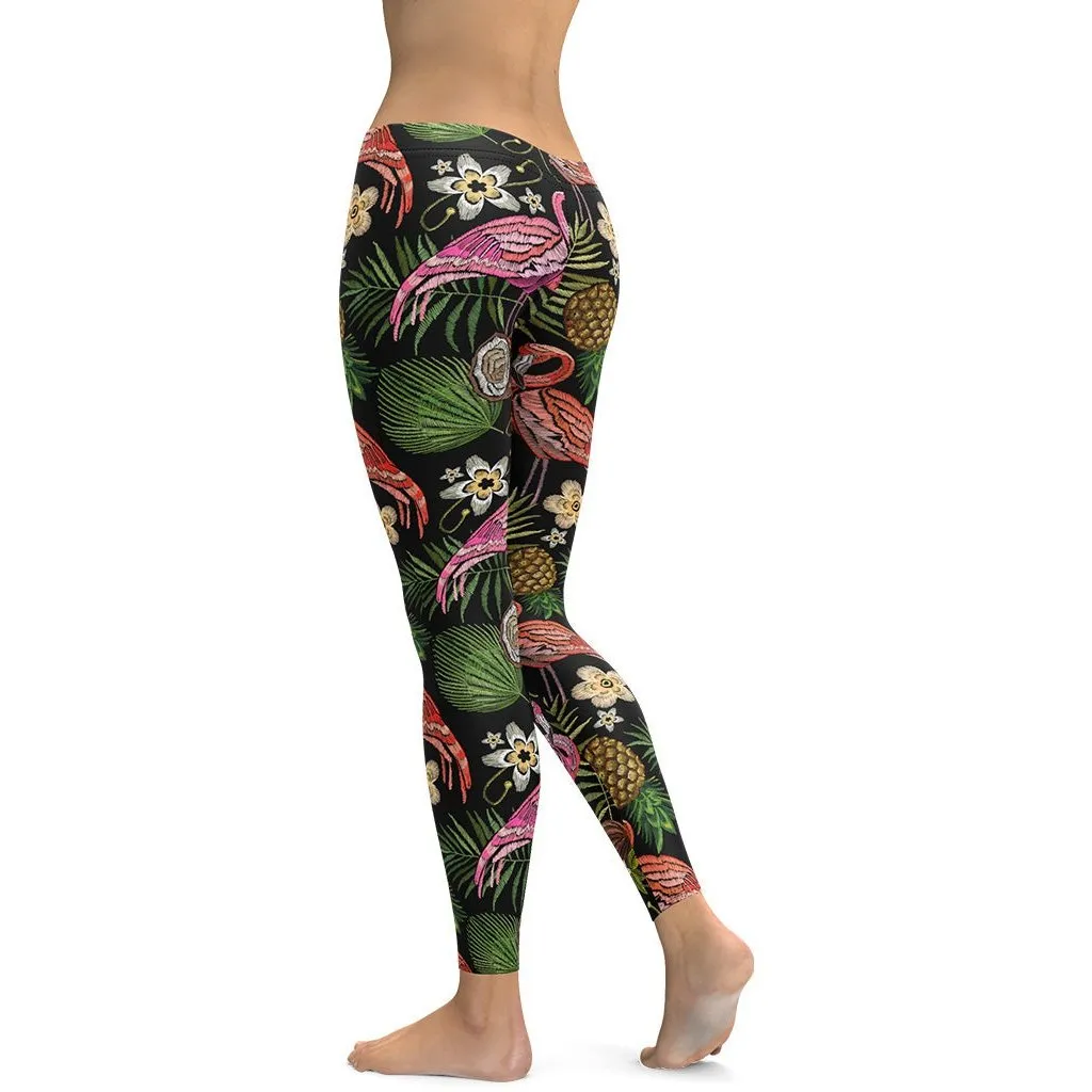 Embroidery Flamingo Leggings