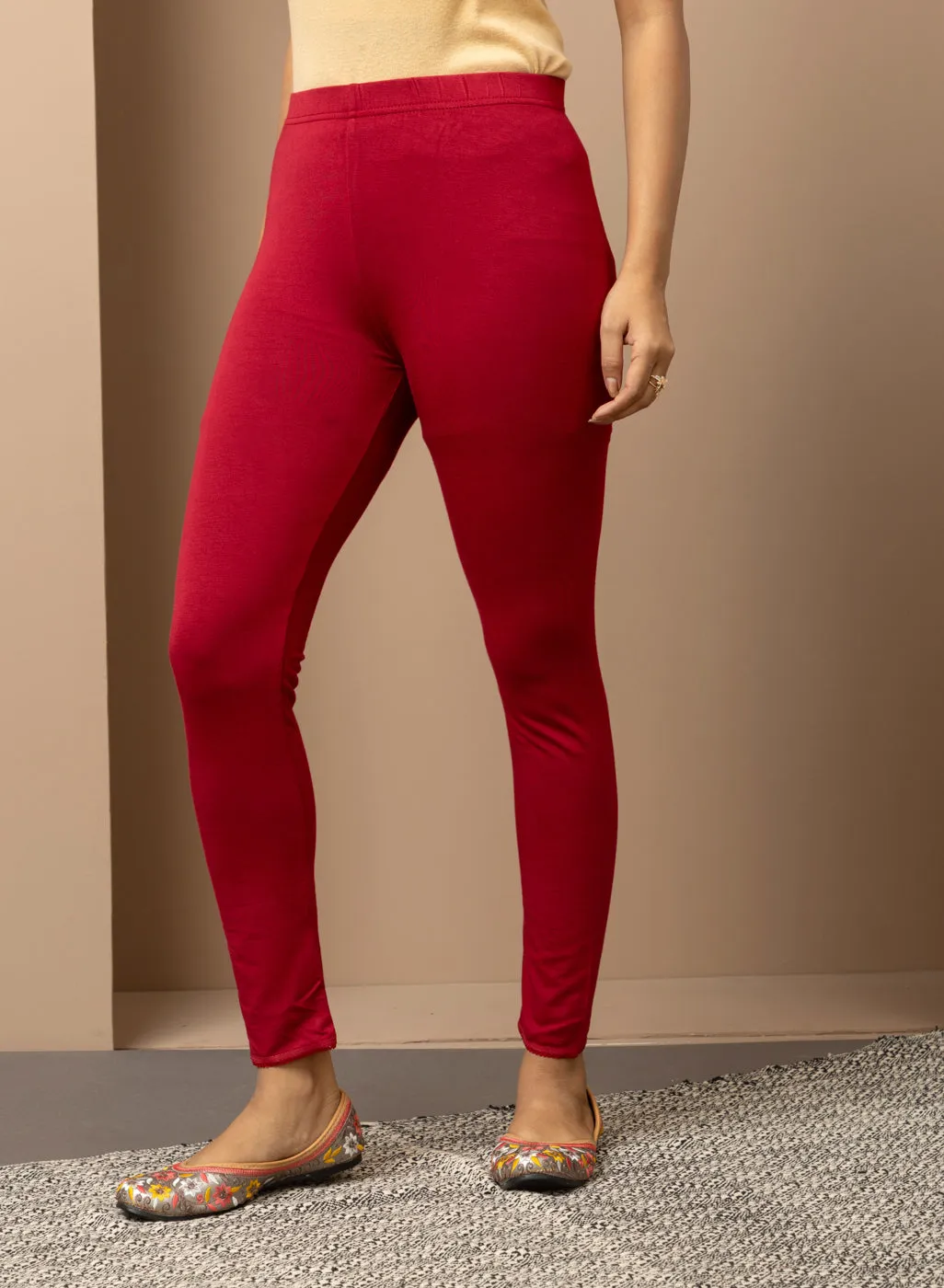 Farah Blood Red Viscose Lycra Leggings for Women