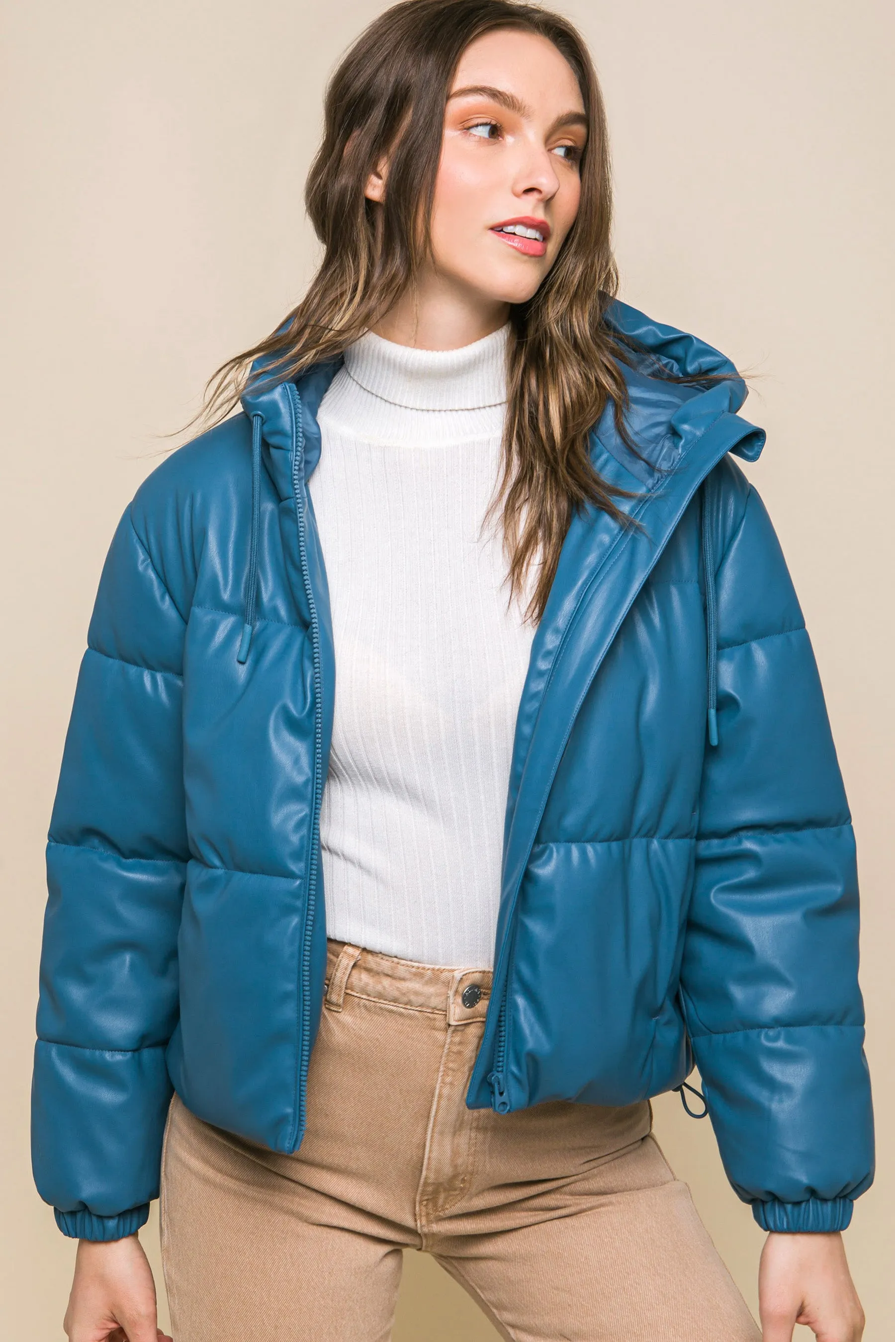 Faux Leather Zip Up Hooded Puffer Jacket