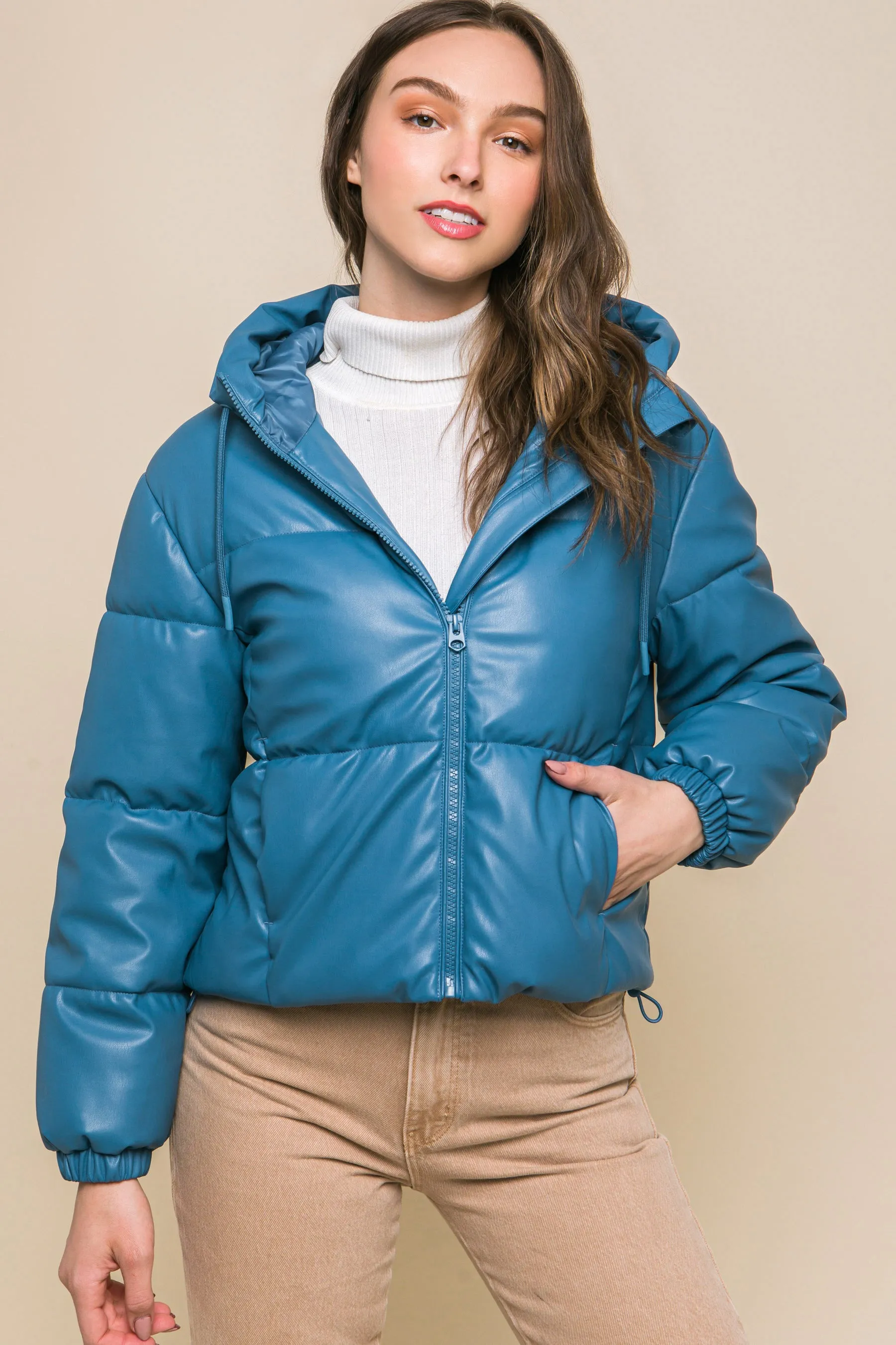 Faux Leather Zip Up Hooded Puffer Jacket