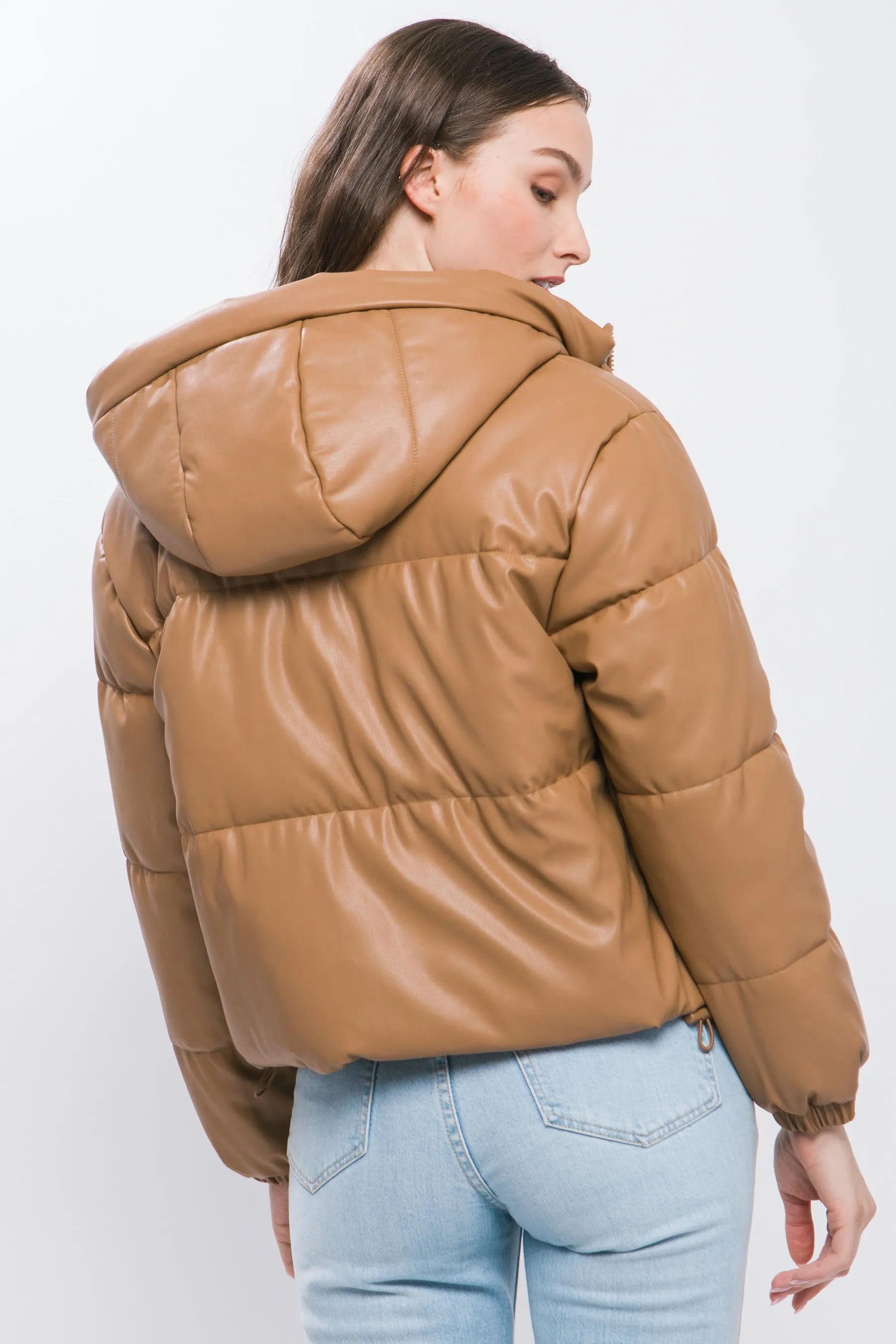 Faux Leather Zip Up Hooded Puffer Jacket