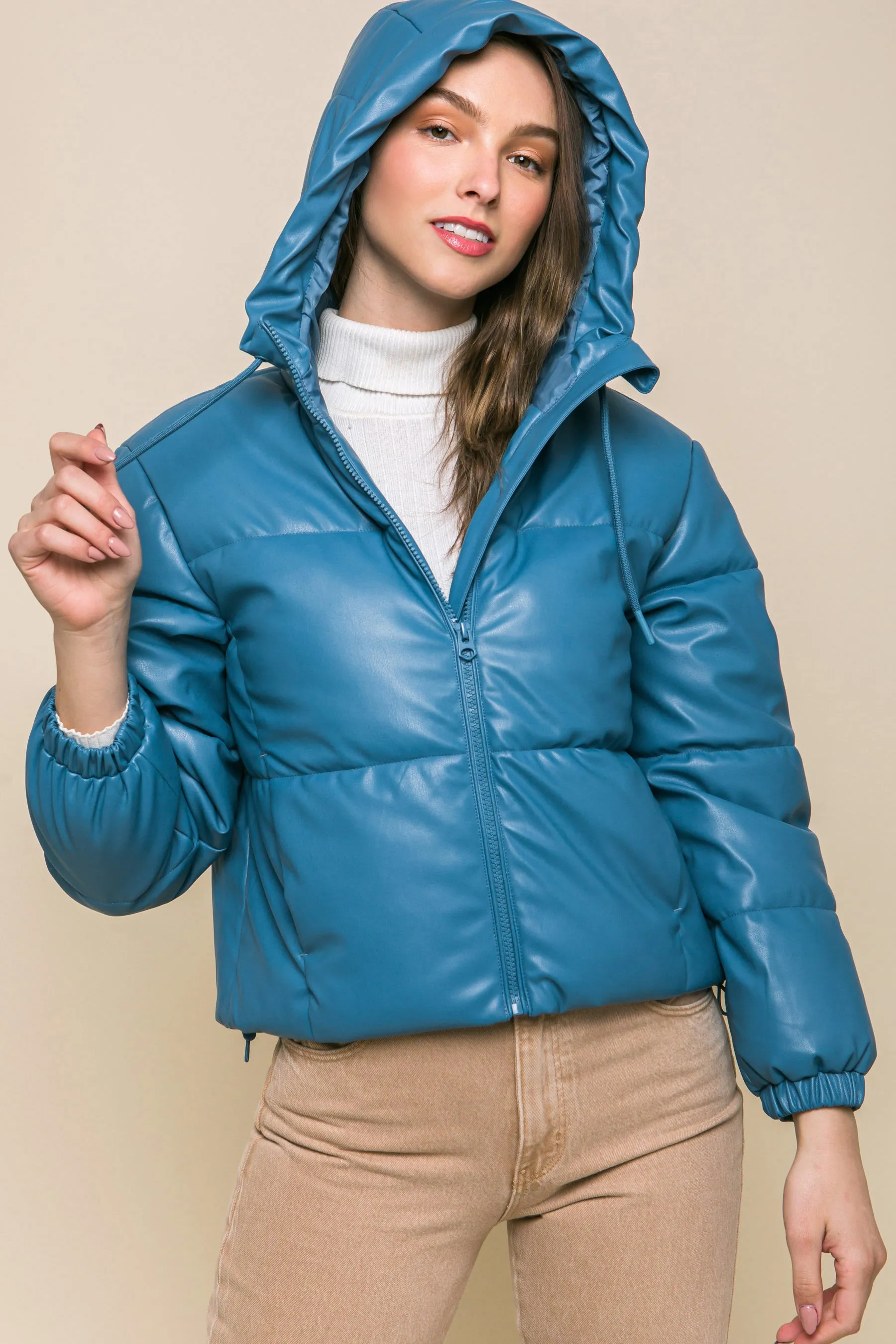 Faux Leather Zip Up Hooded Puffer Jacket