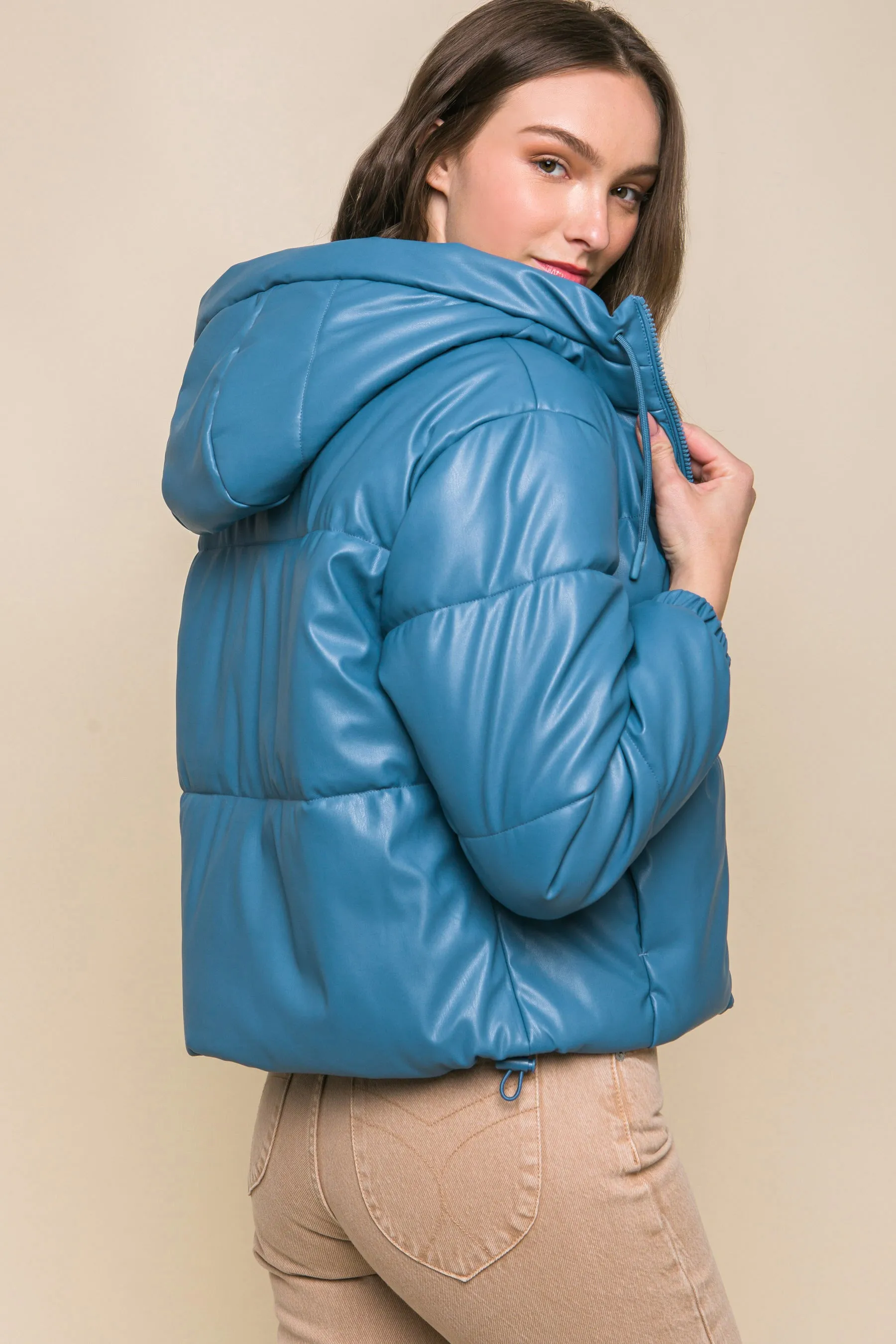 Faux Leather Zip Up Hooded Puffer Jacket