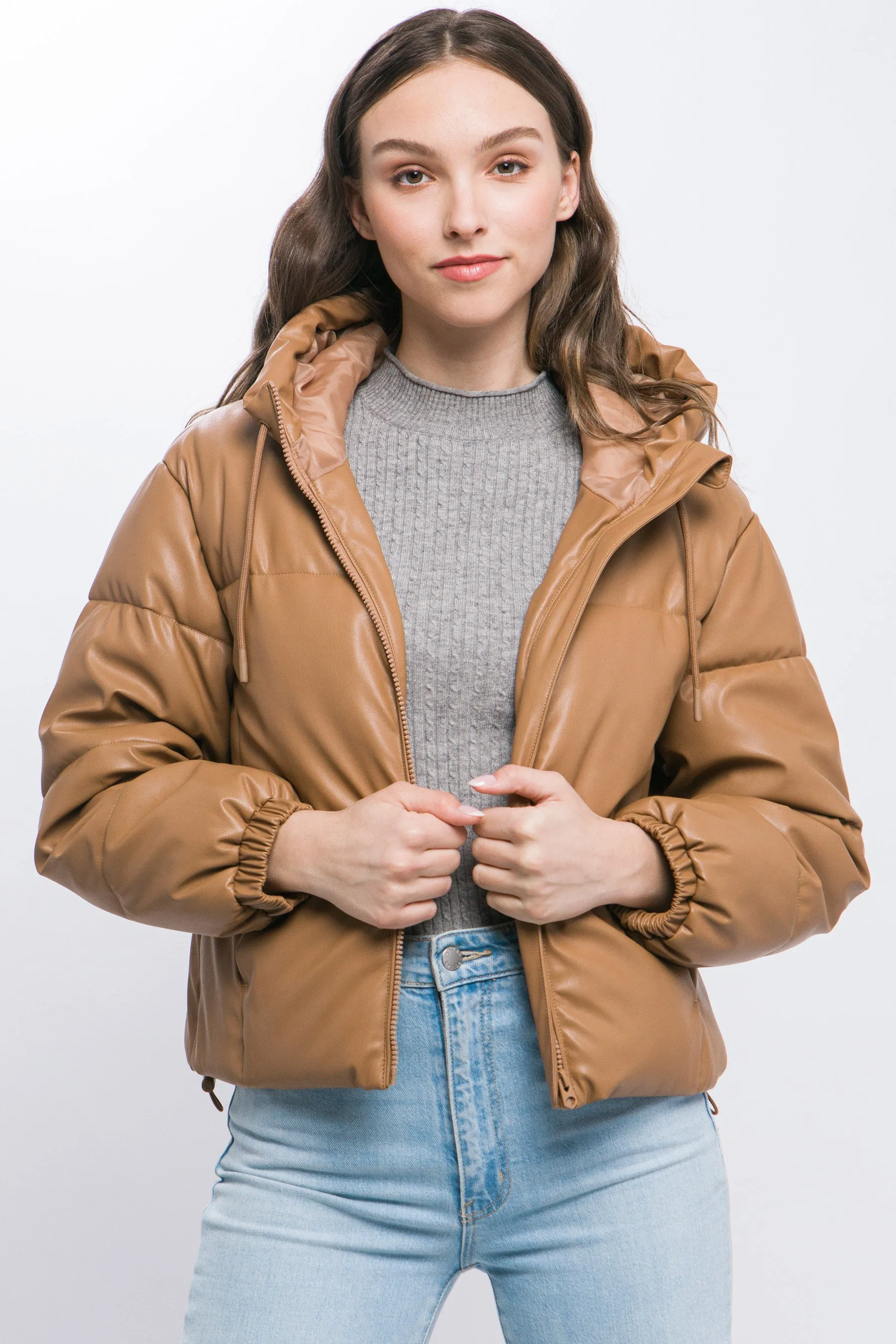 Faux Leather Zip Up Hooded Puffer Jacket