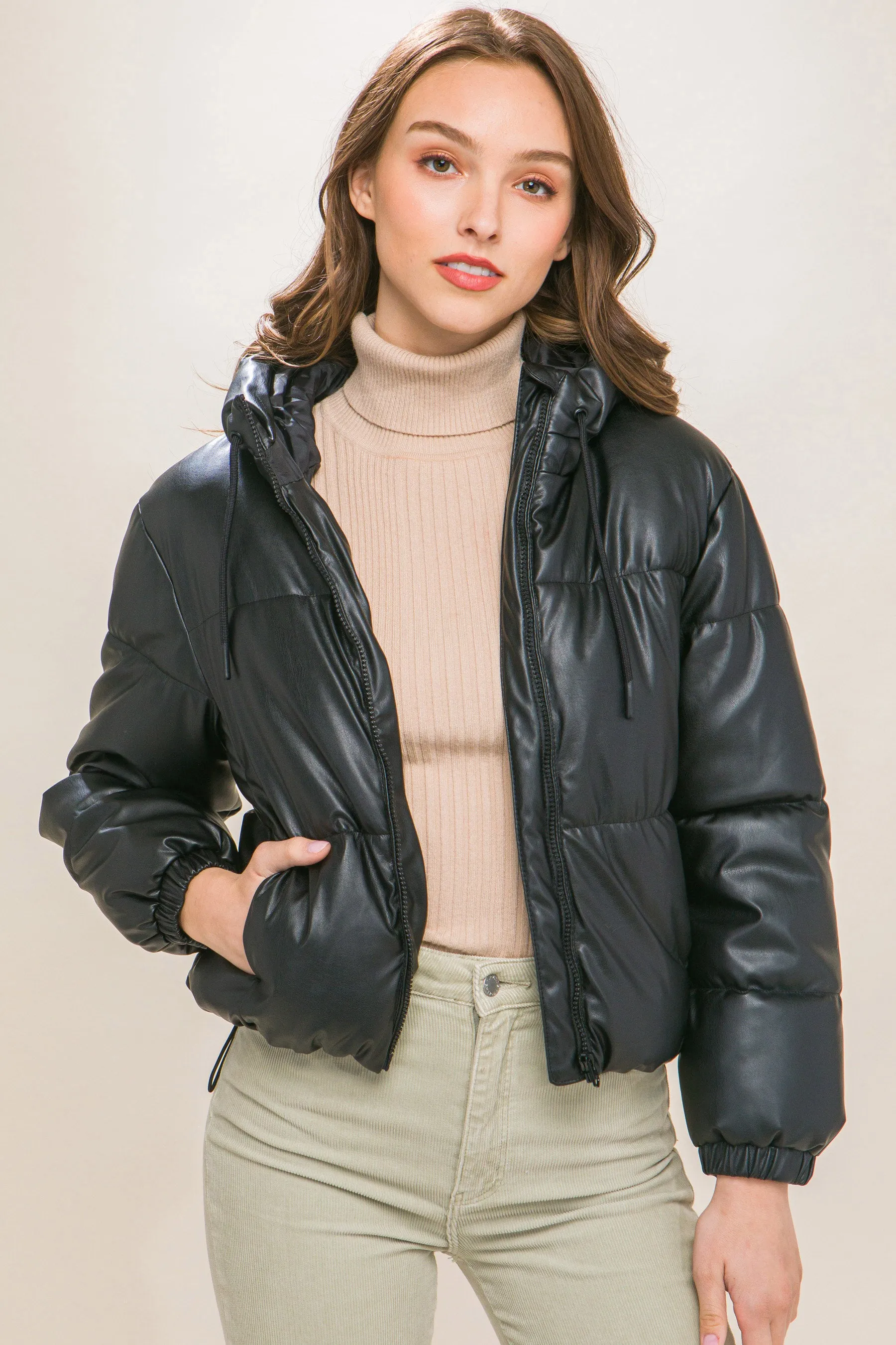 Faux Leather Zip Up Hooded Puffer Jacket