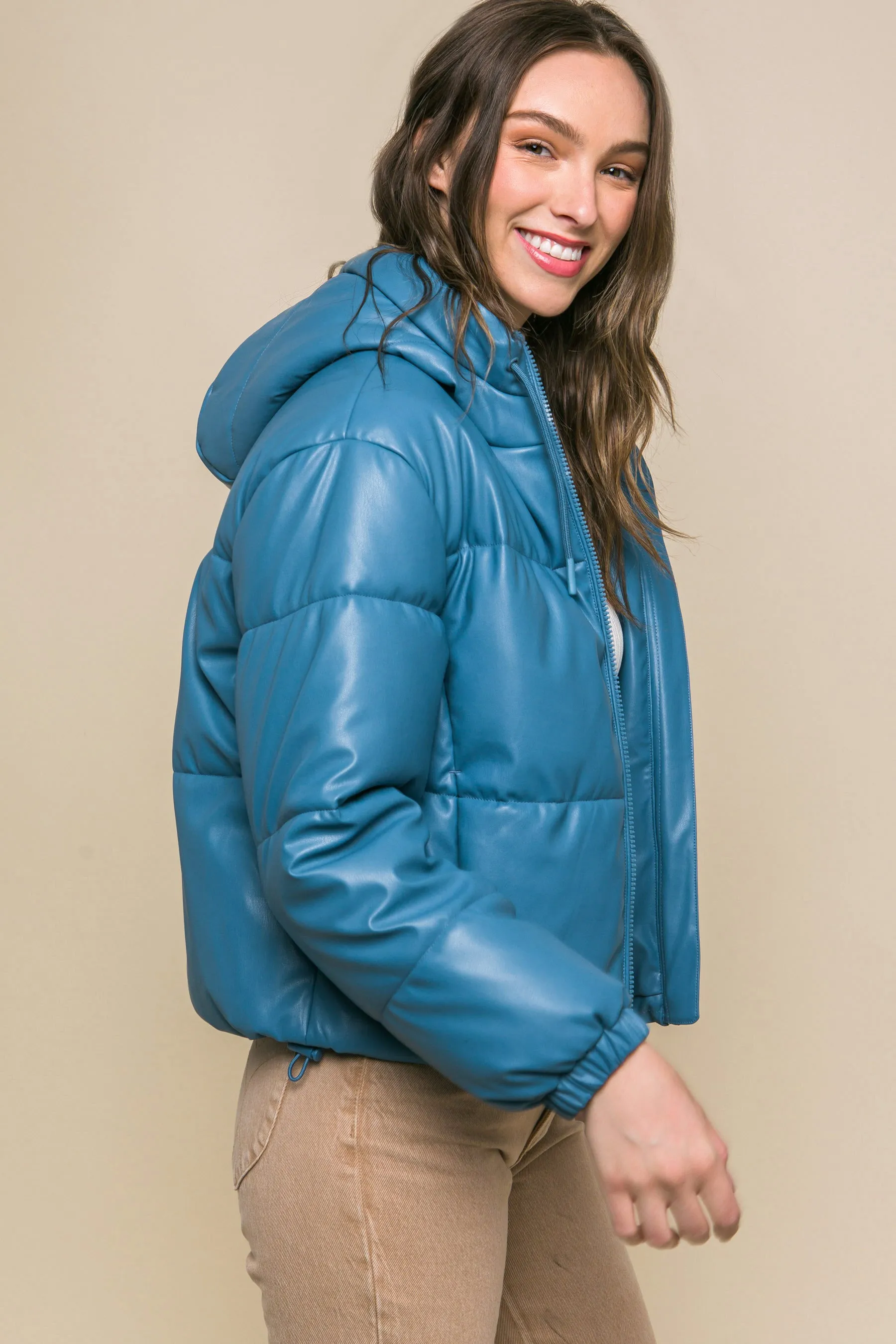 Faux Leather Zip Up Hooded Puffer Jacket