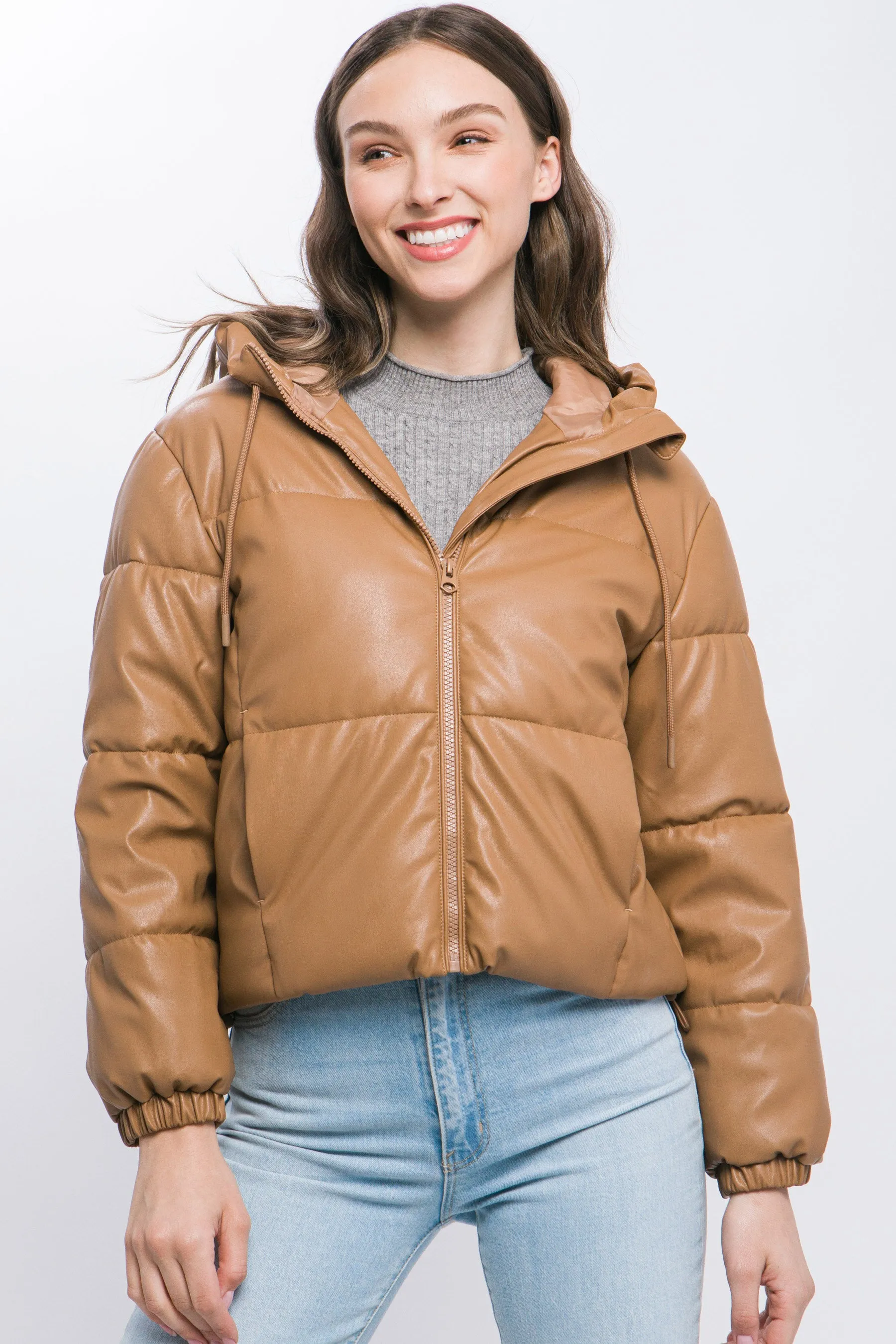 Faux Leather Zip Up Hooded Puffer Jacket