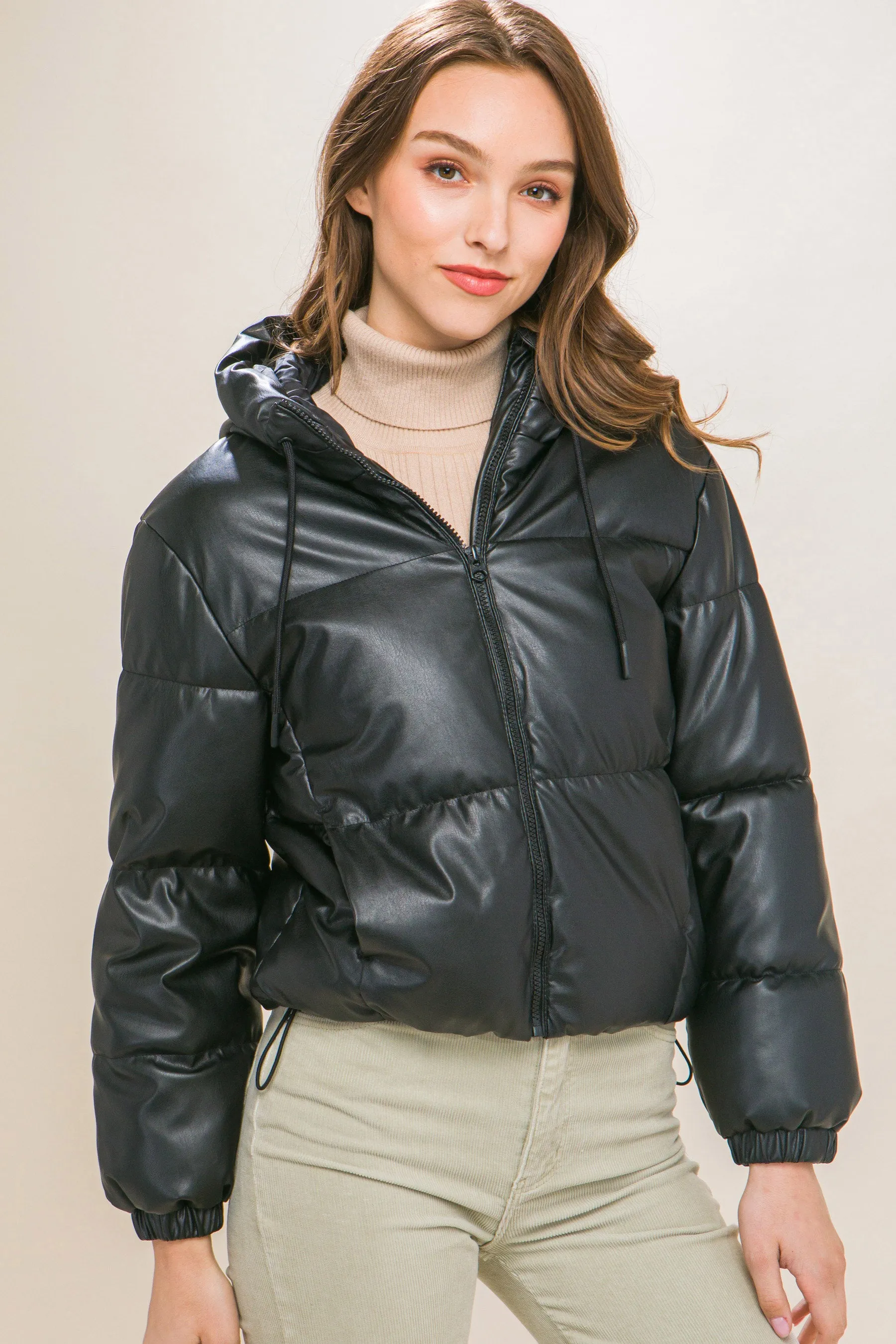 Faux Leather Zip Up Hooded Puffer Jacket