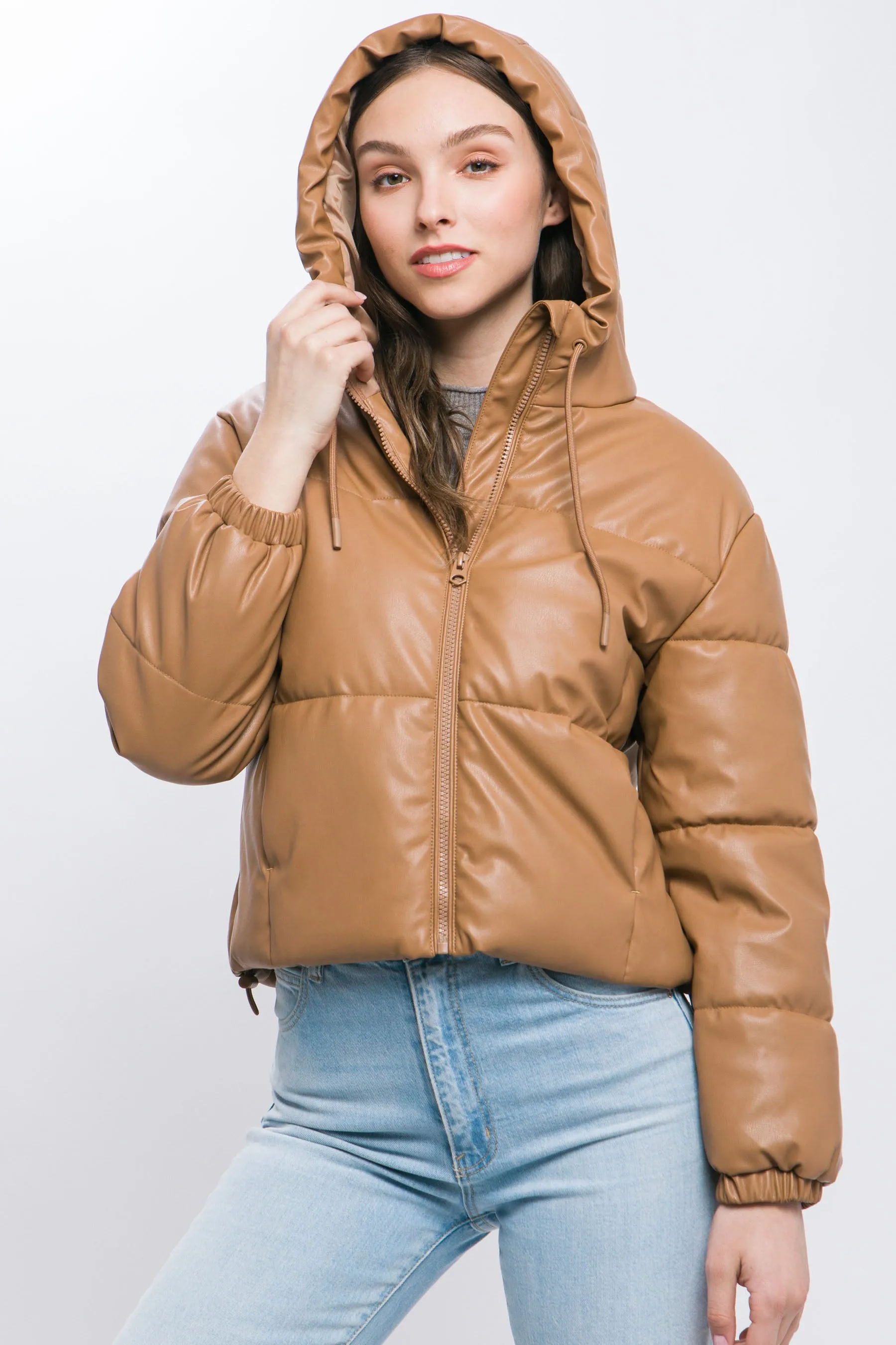 Faux Leather Zip Up Hooded Puffer Jacket