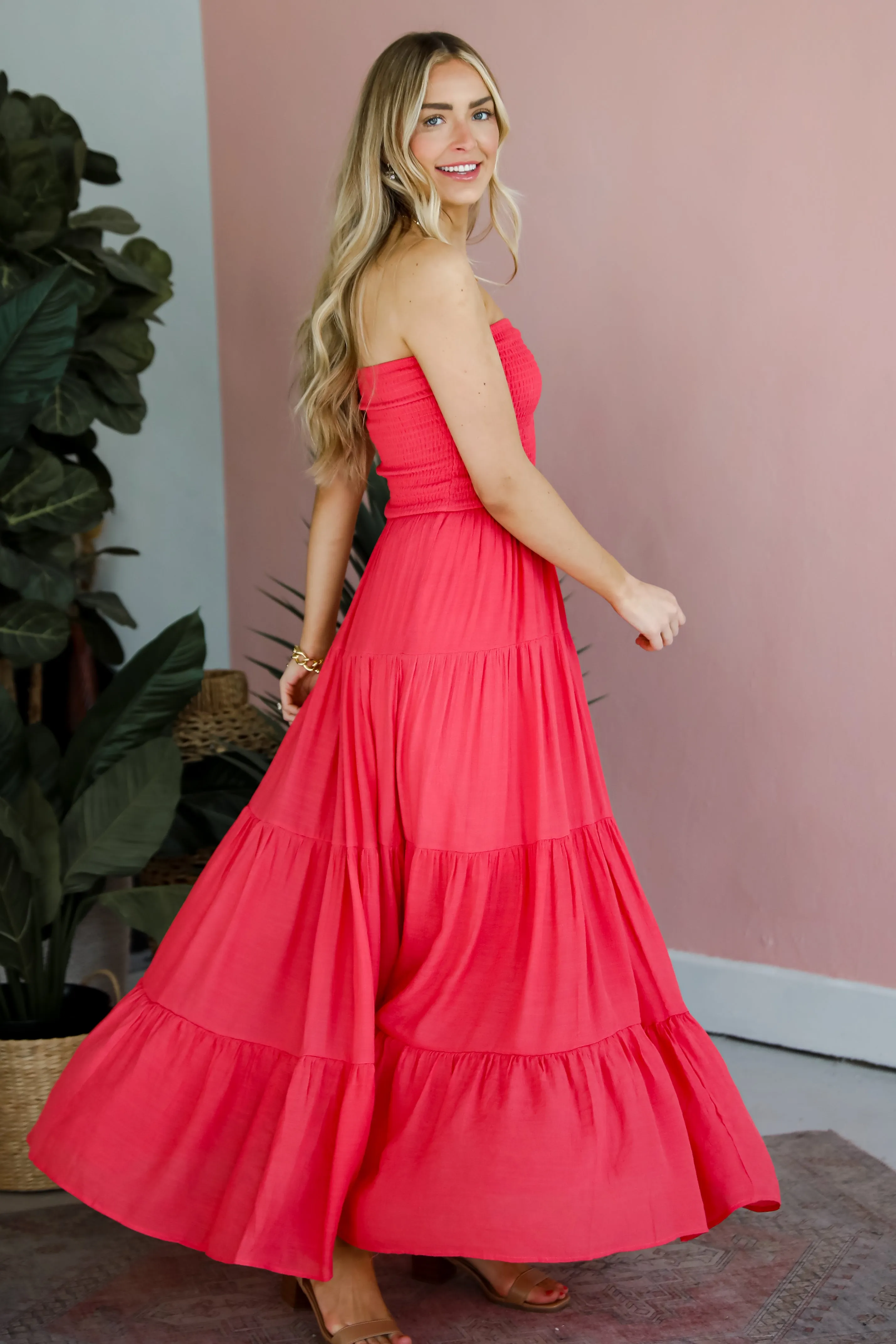 FINAL SALE - Getaway Mood Coral Strapless Tiered Maxi Dress - DU DEAL