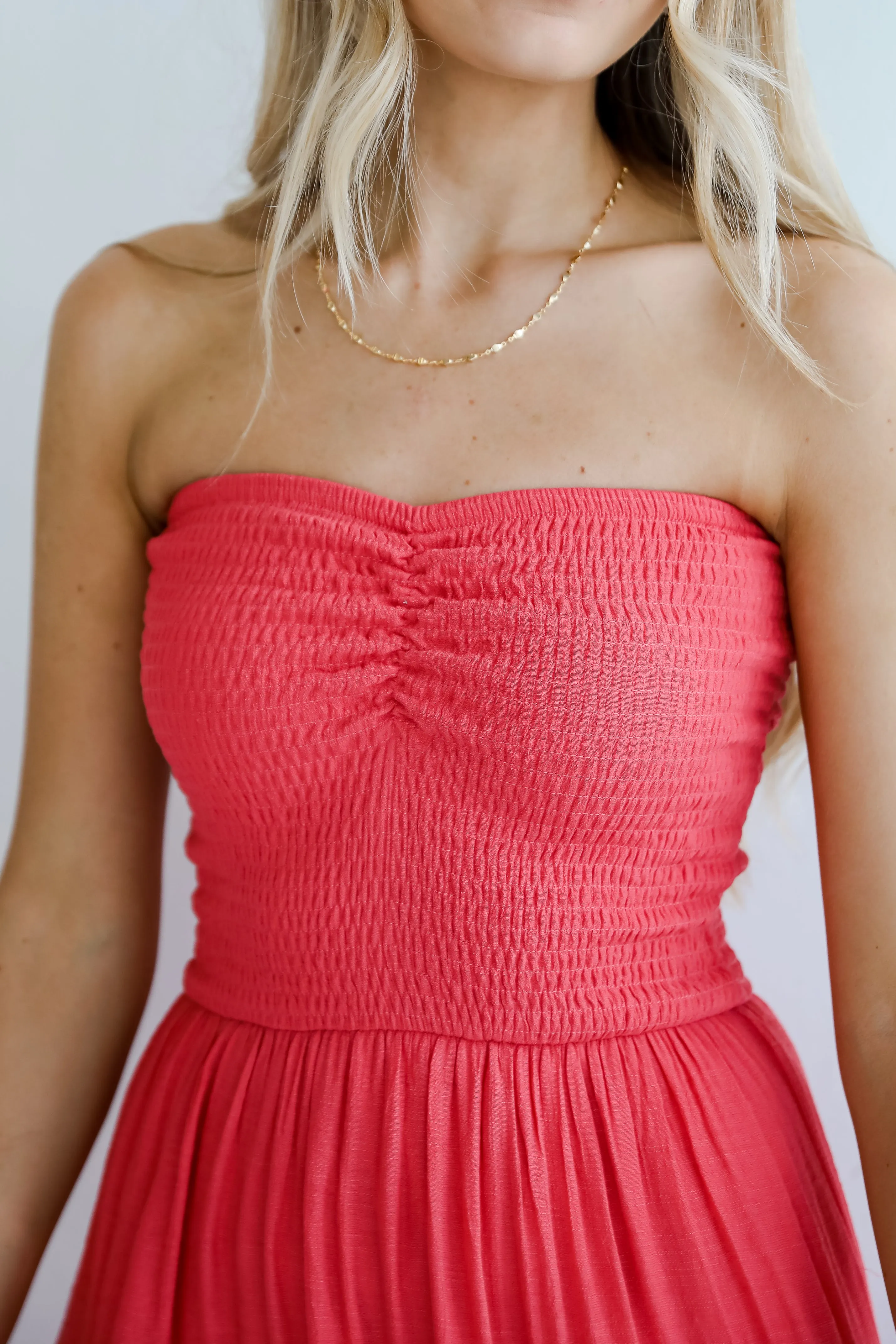 FINAL SALE - Getaway Mood Coral Strapless Tiered Maxi Dress - DU DEAL