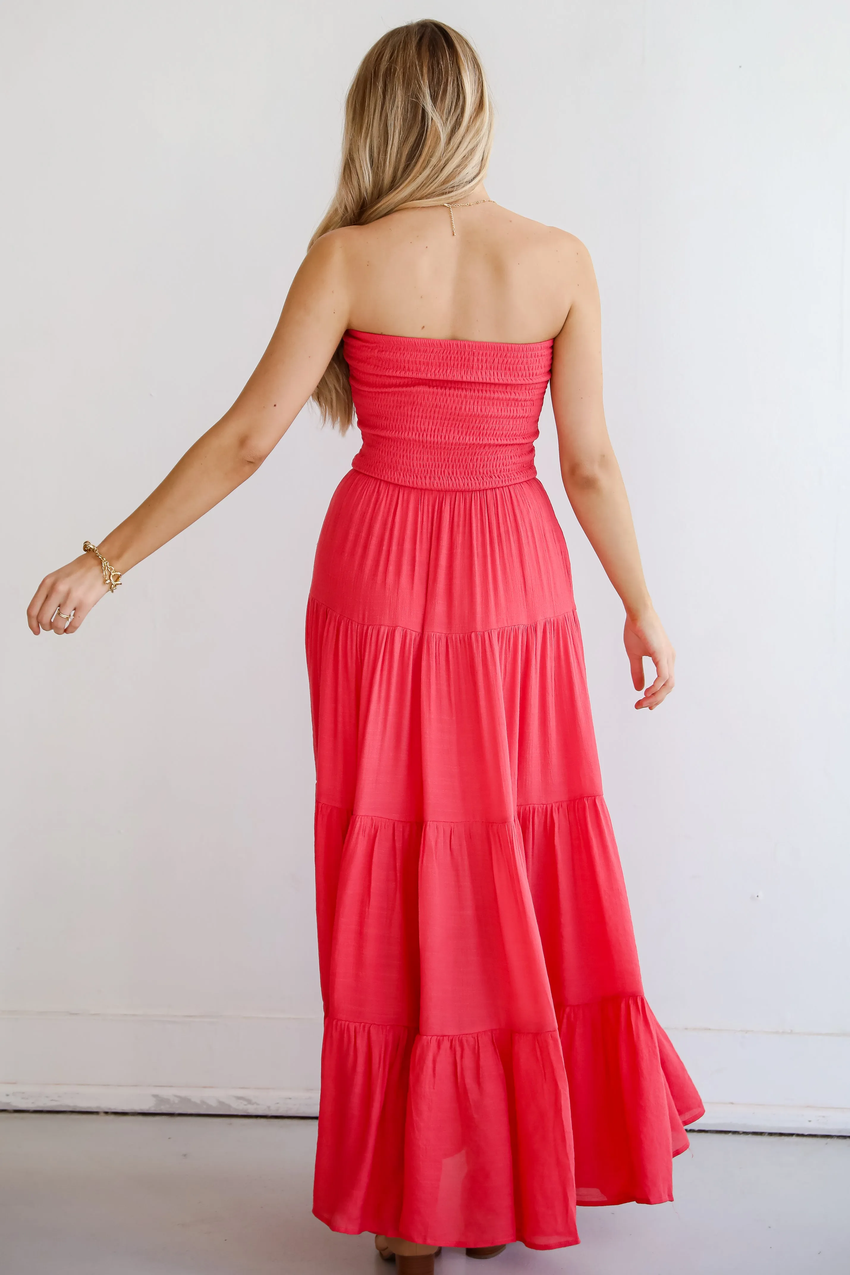 FINAL SALE - Getaway Mood Coral Strapless Tiered Maxi Dress - DU DEAL