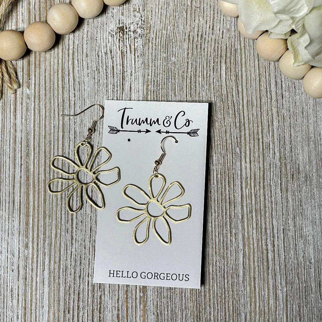 Flower|Raw Brass|Earrings|Dangle|Lightweight