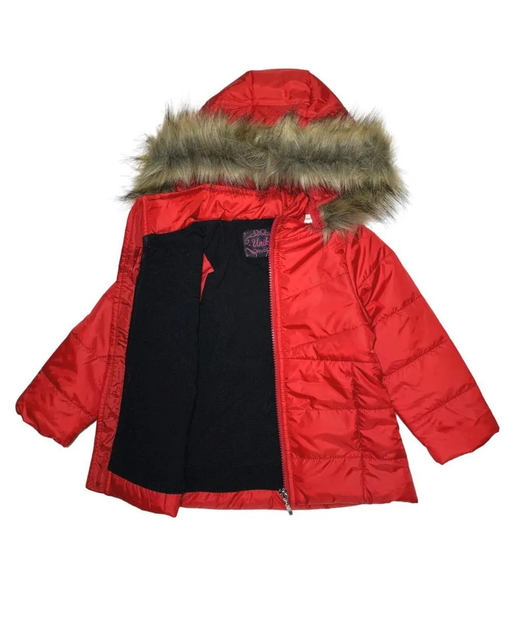 Girl's Zipper Hooded Puffer Jacket With Fur