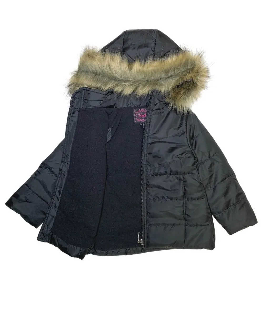 Girl's Zipper Hooded Puffer Jacket With Fur