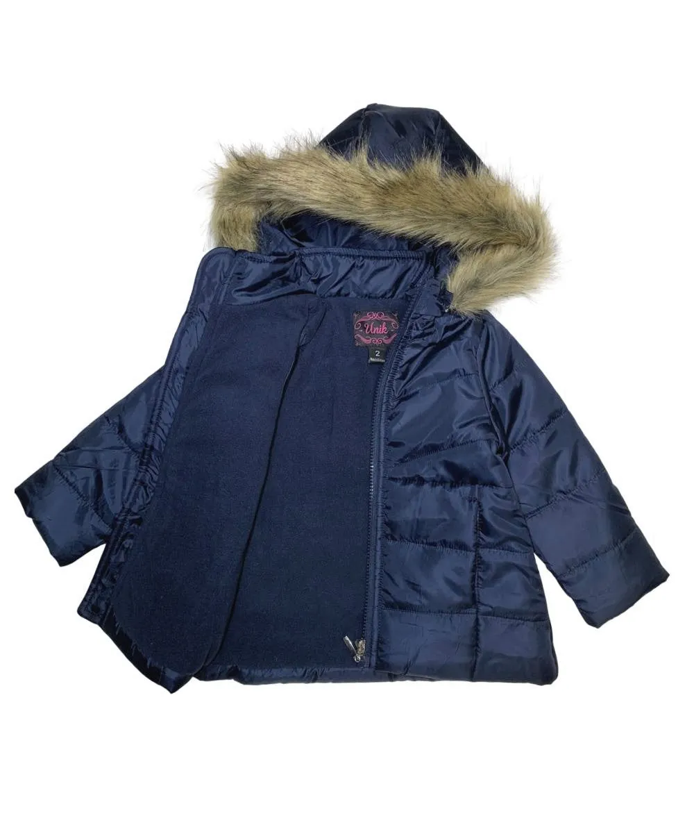 Girl's Zipper Hooded Puffer Jacket With Fur