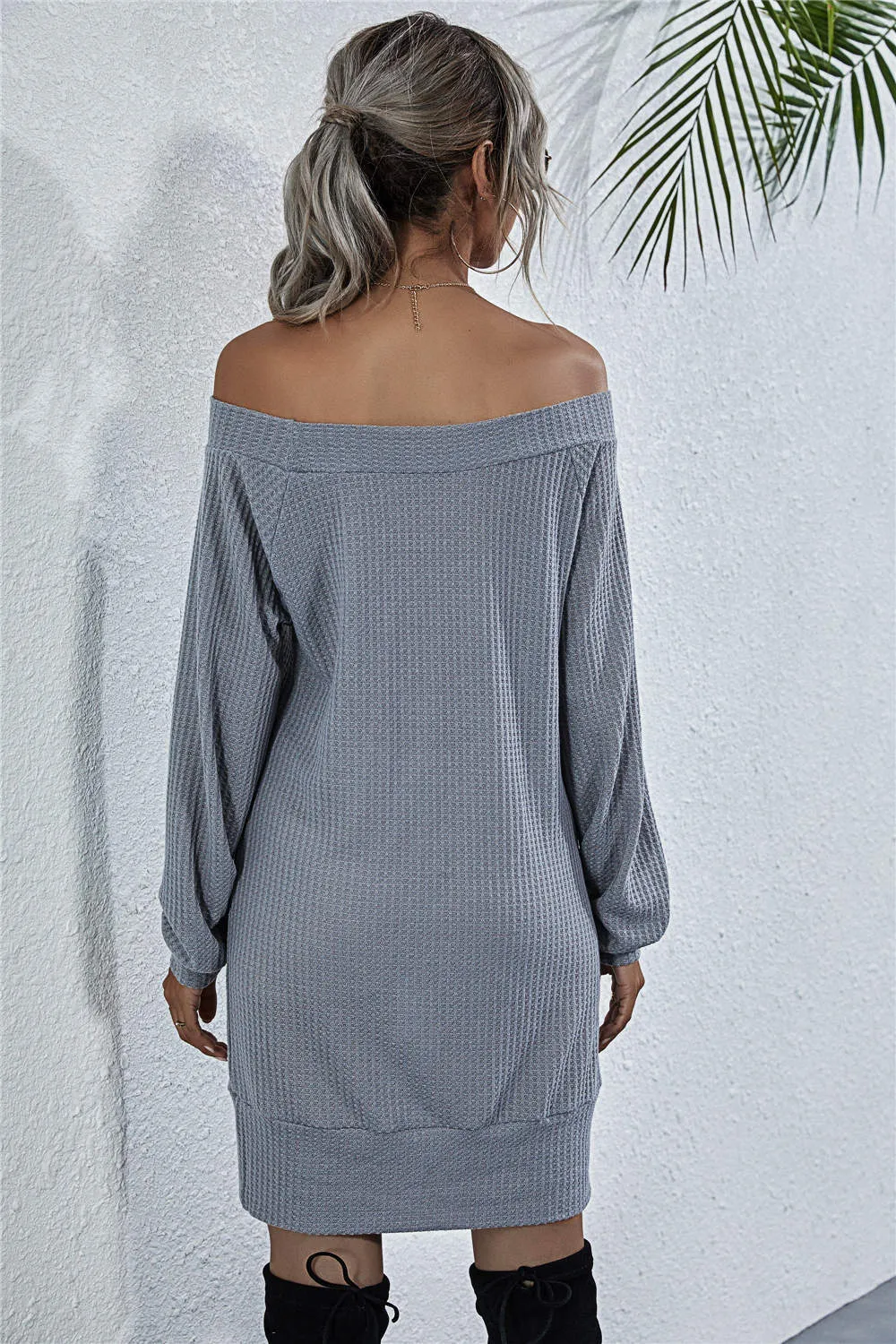 Here For The View Waffle-Knit Boat Neck Mini Dress