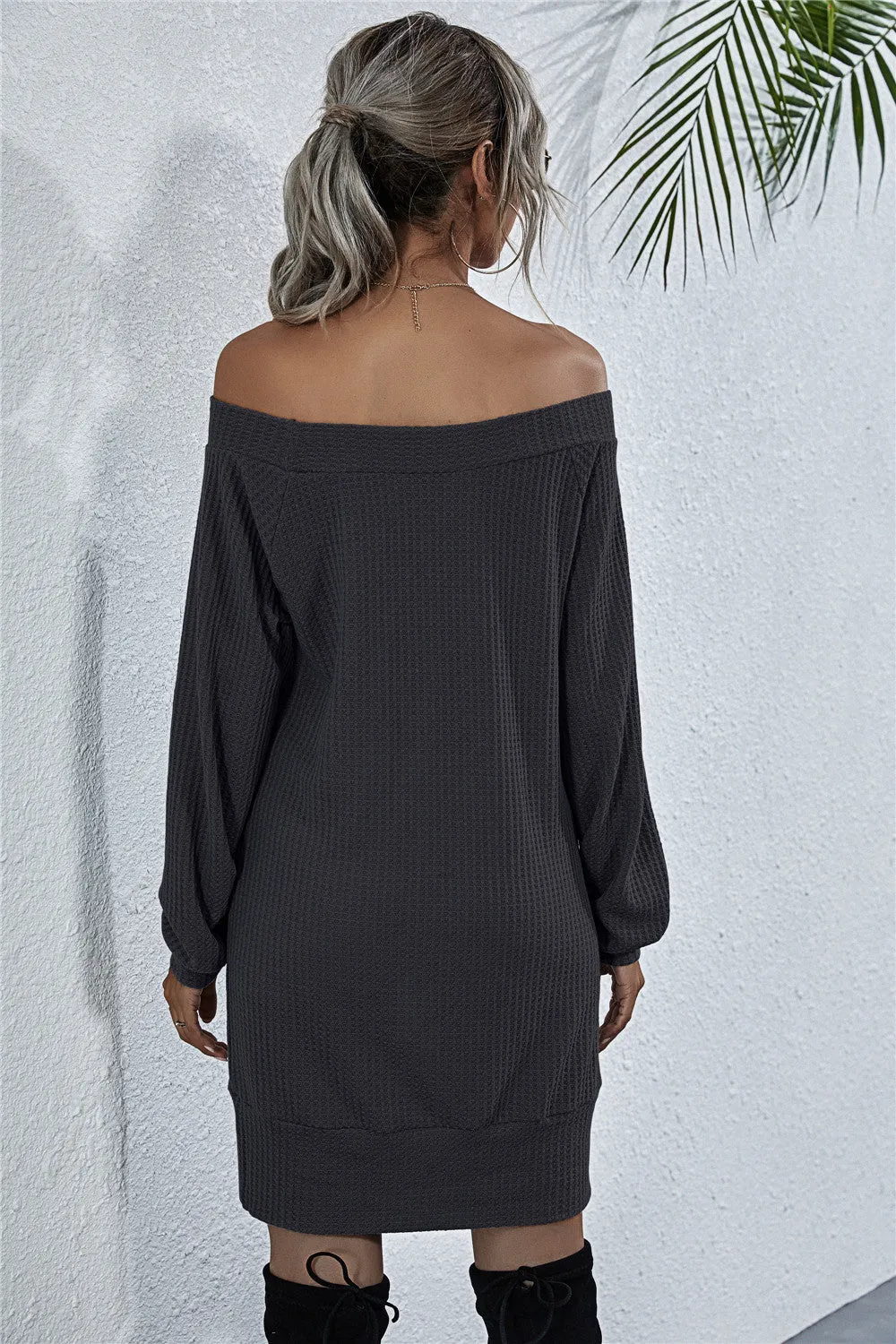 Here For The View Waffle-Knit Boat Neck Mini Dress