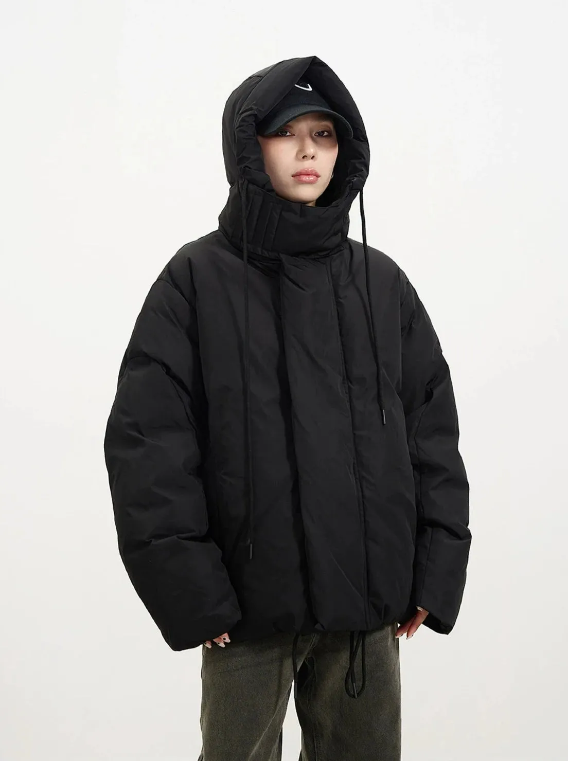 High Collar Hooded Puffer Jacket with Pockets