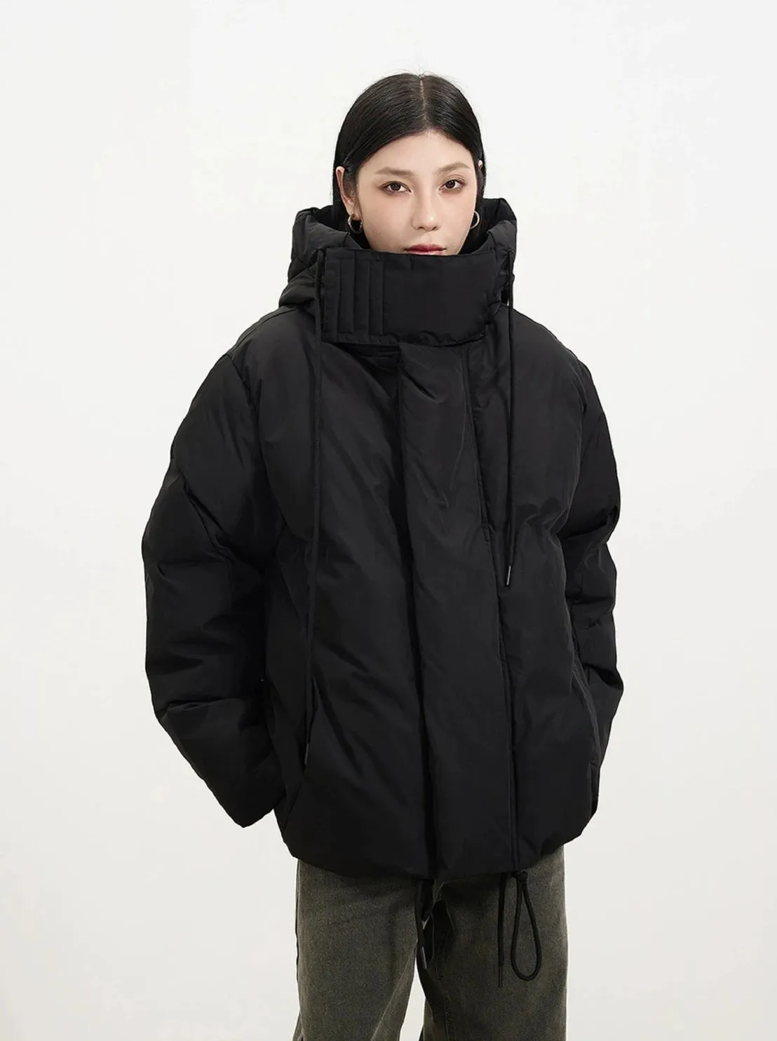 High Collar Hooded Puffer Jacket with Pockets