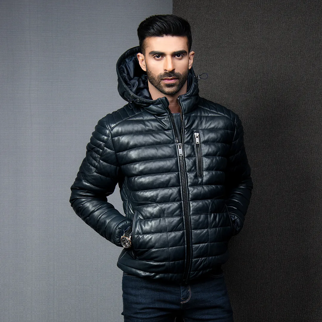 Hooded Puffer Leather Jacket - Black | Kaptan