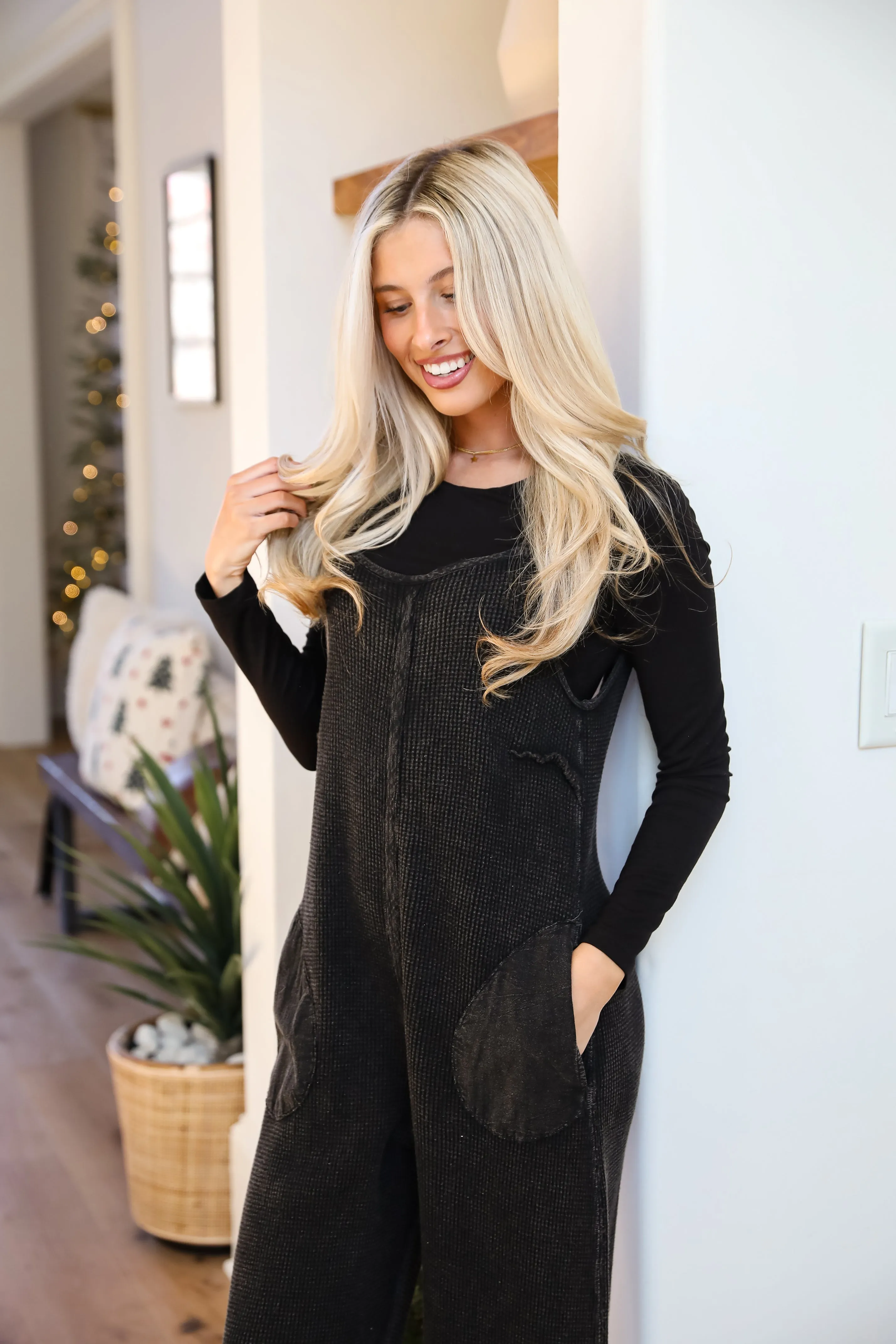 Impressively Popular Black Waffle Knit Jumpsuit