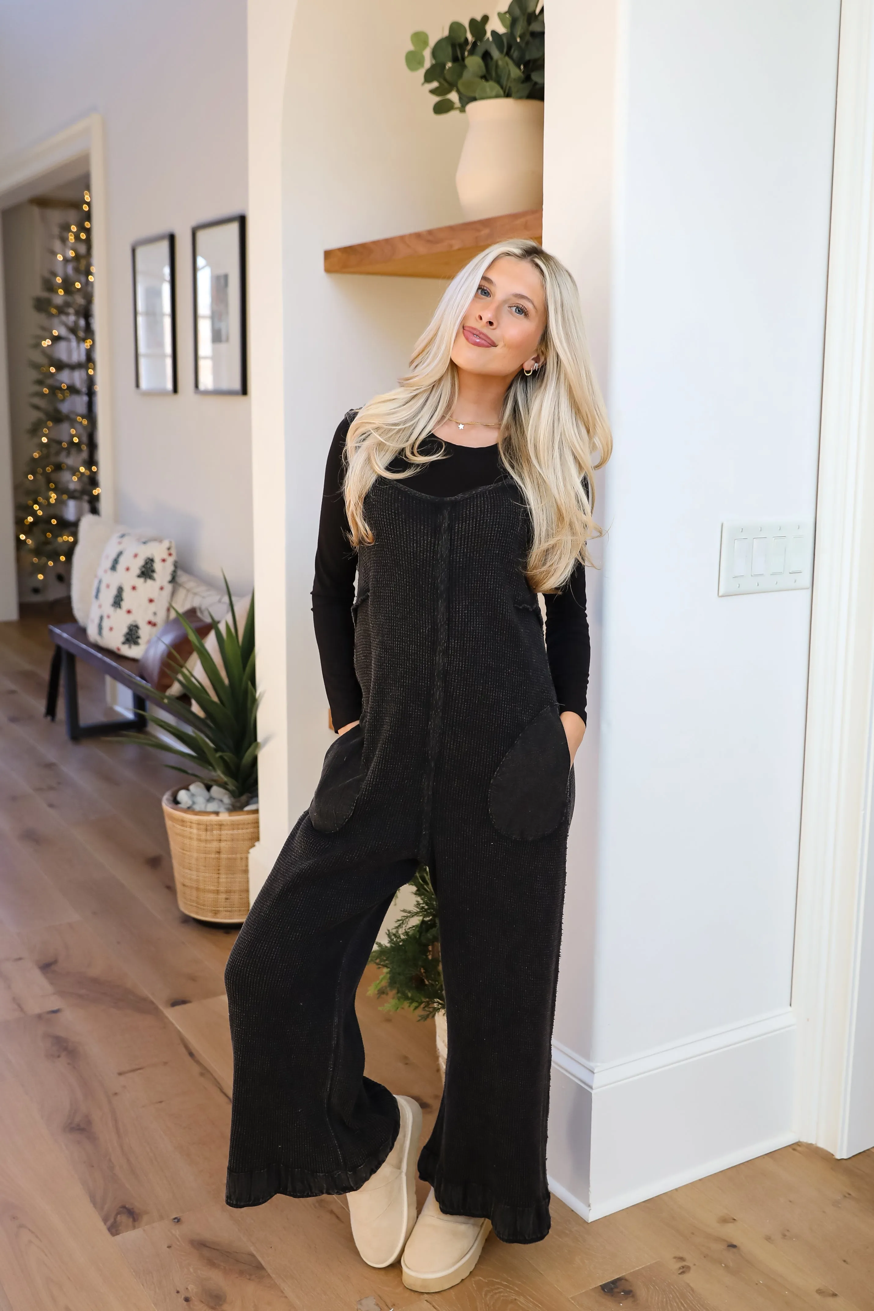 Impressively Popular Black Waffle Knit Jumpsuit